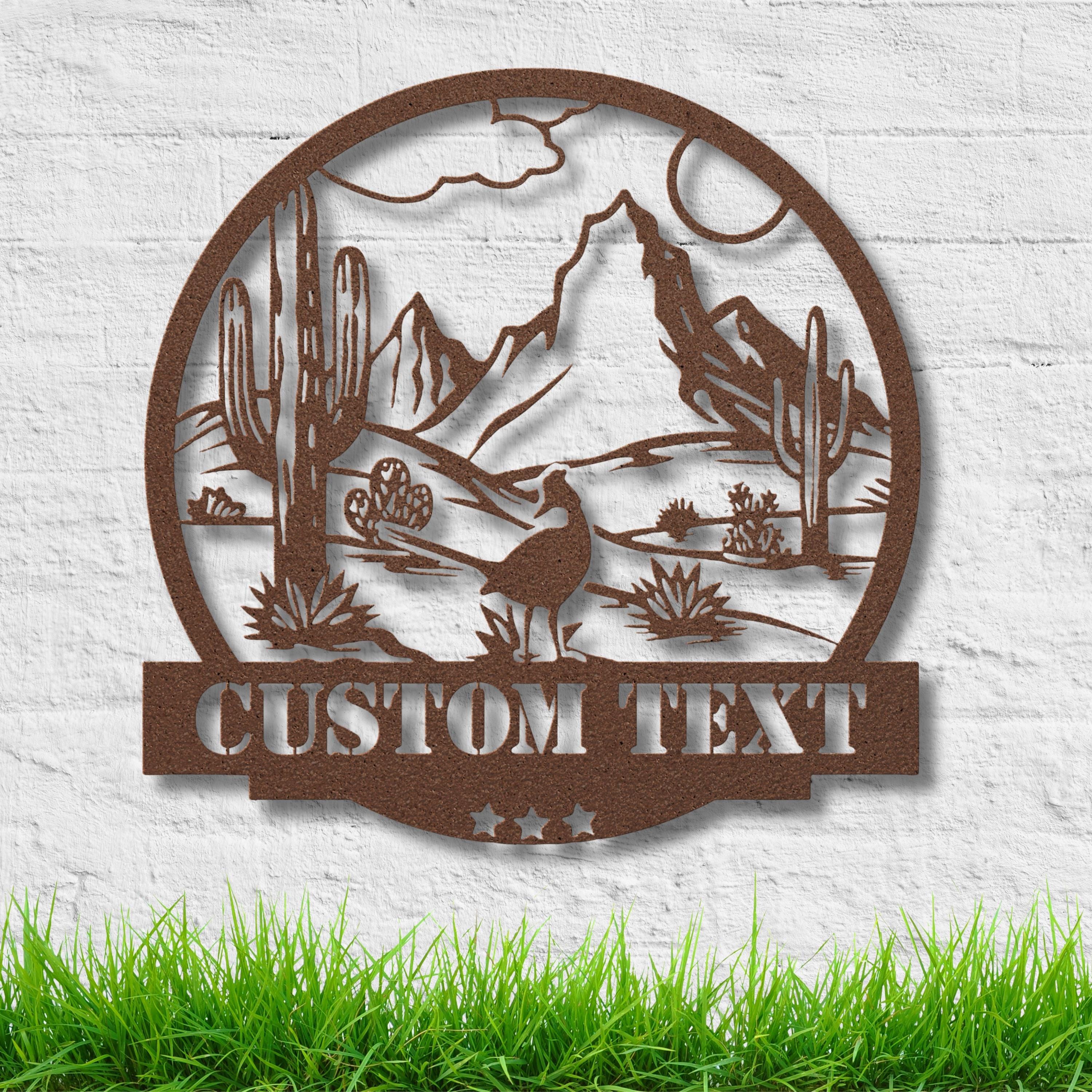 Custom Desert Metal Sign | Personalized Cactus Art | Landscape Home Decor | Southwestern Scene Die-Cut | Mountain Roadrunner Gift