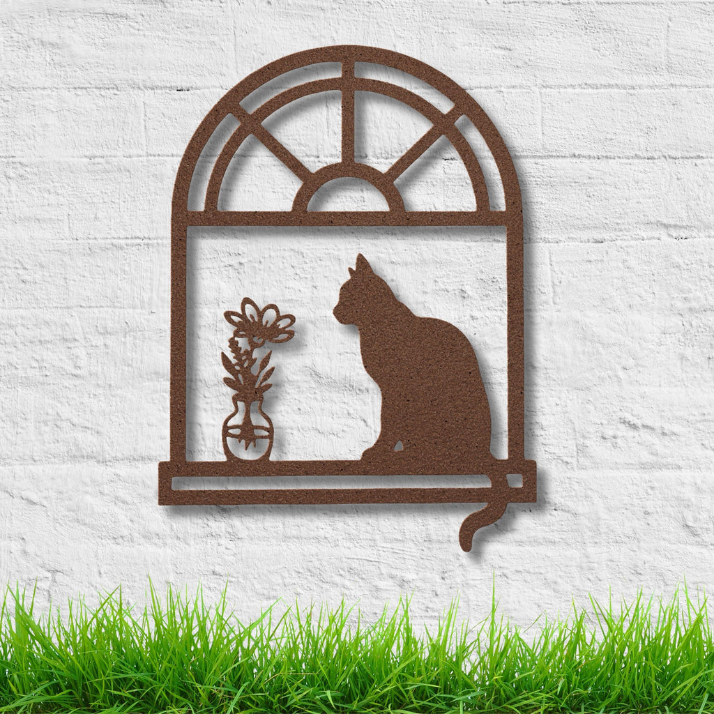 Cat Silhouette Metal Sign – Unique Die Cut Metal Wall Art with Kitten on Window Sill