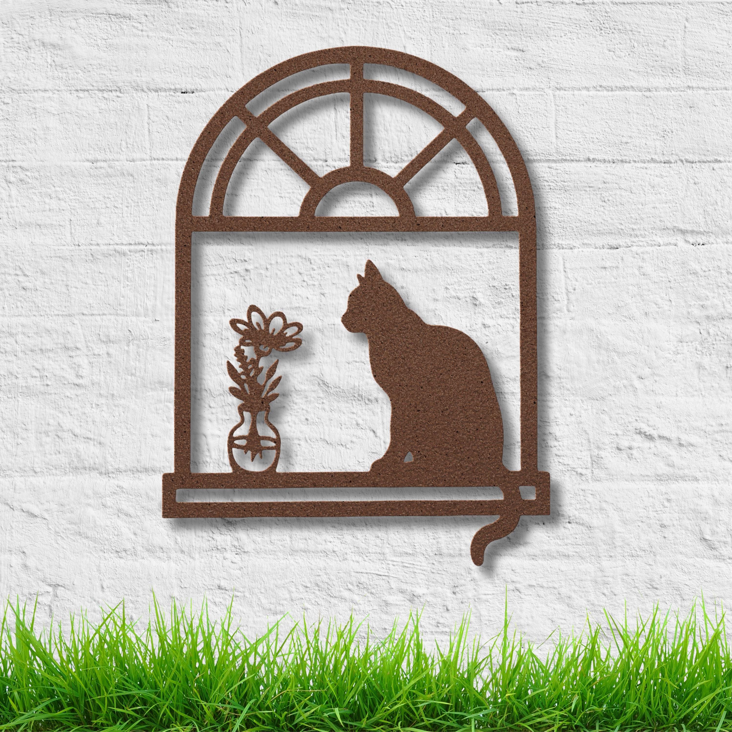 Cat Silhouette Metal Sign – Unique Die Cut Metal Wall Art with Kitten on Window Sill