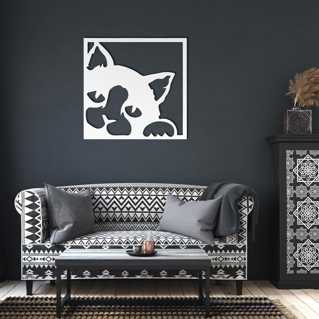 Peeking Cat Wall Art | Modern Animal Artwork - Black Cat Metal Sign Gift