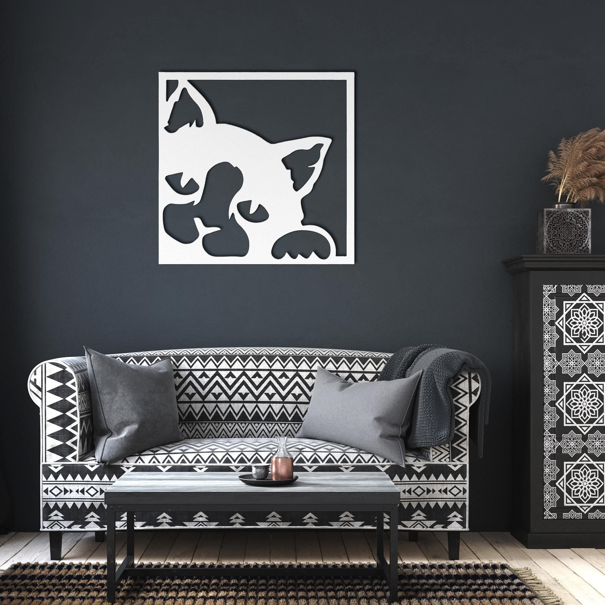 Peeking Cat Wall Art | Modern Animal Artwork - Black Cat Metal Sign Gift
