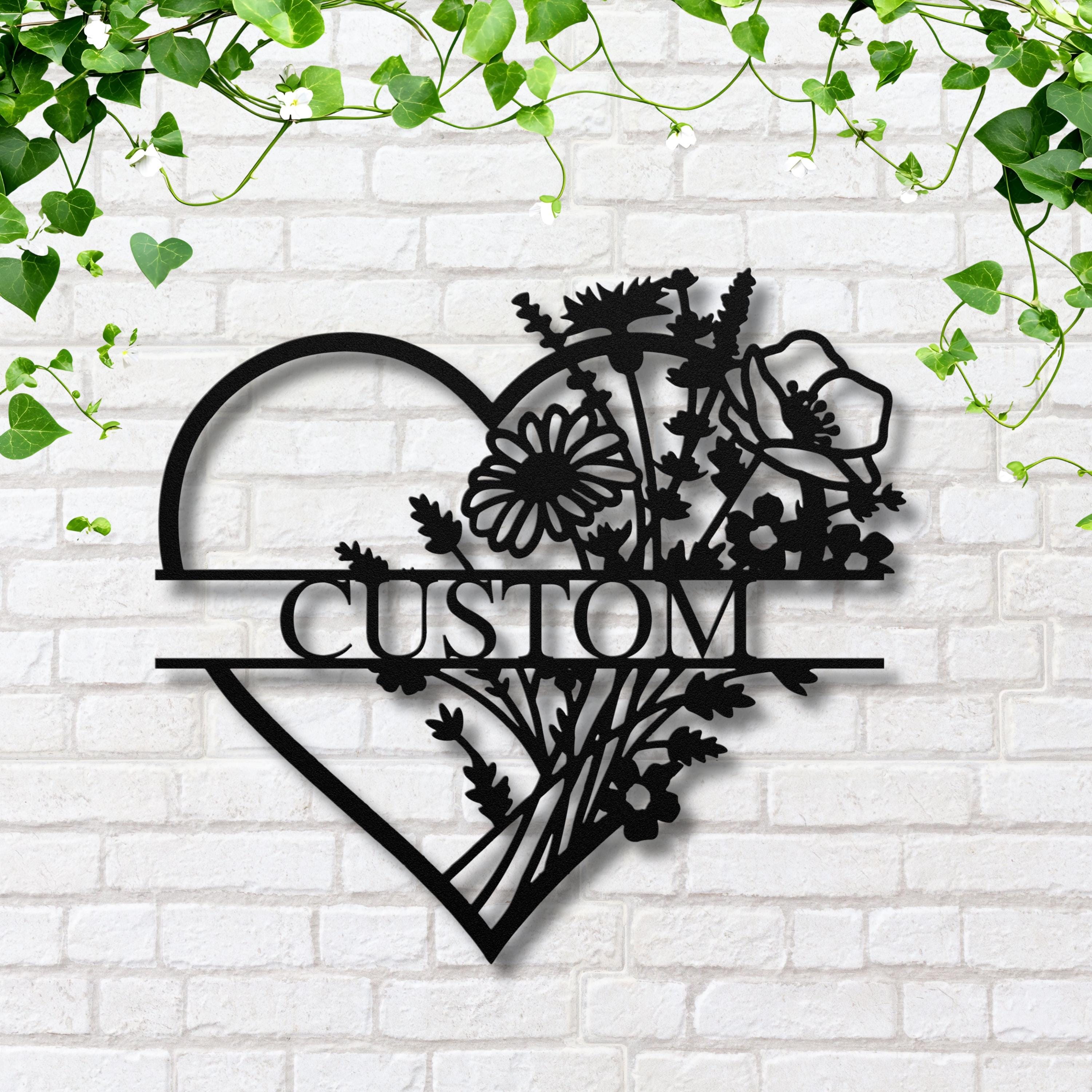 Personalized Floral Heart Metal Sign, Custom Flower Bouquet Split Name, Valentines Day Gift, Anniversary Wedding Art