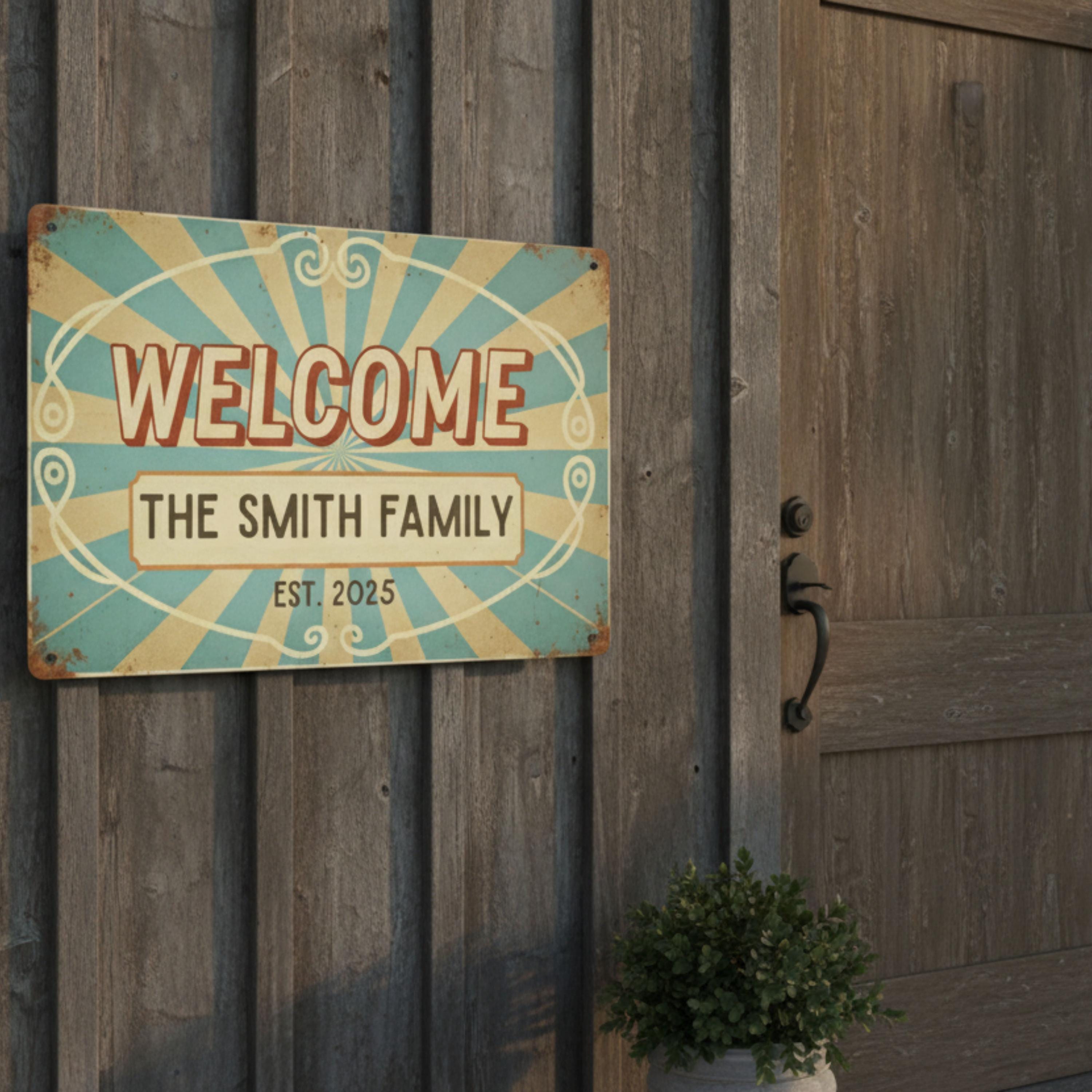Custom Family Welcome Sign, Personalized Metal Home Plaque, Vintage Circus Sunburst Art, Est. Date Housewarming Gift, Retro Entryway Decor