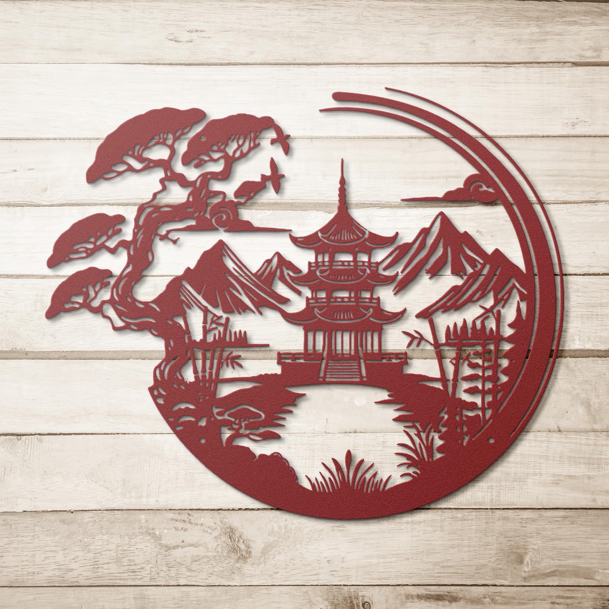 Japanese Pagoda Metal Wall Art: Zen Bonsai Landscape Decor