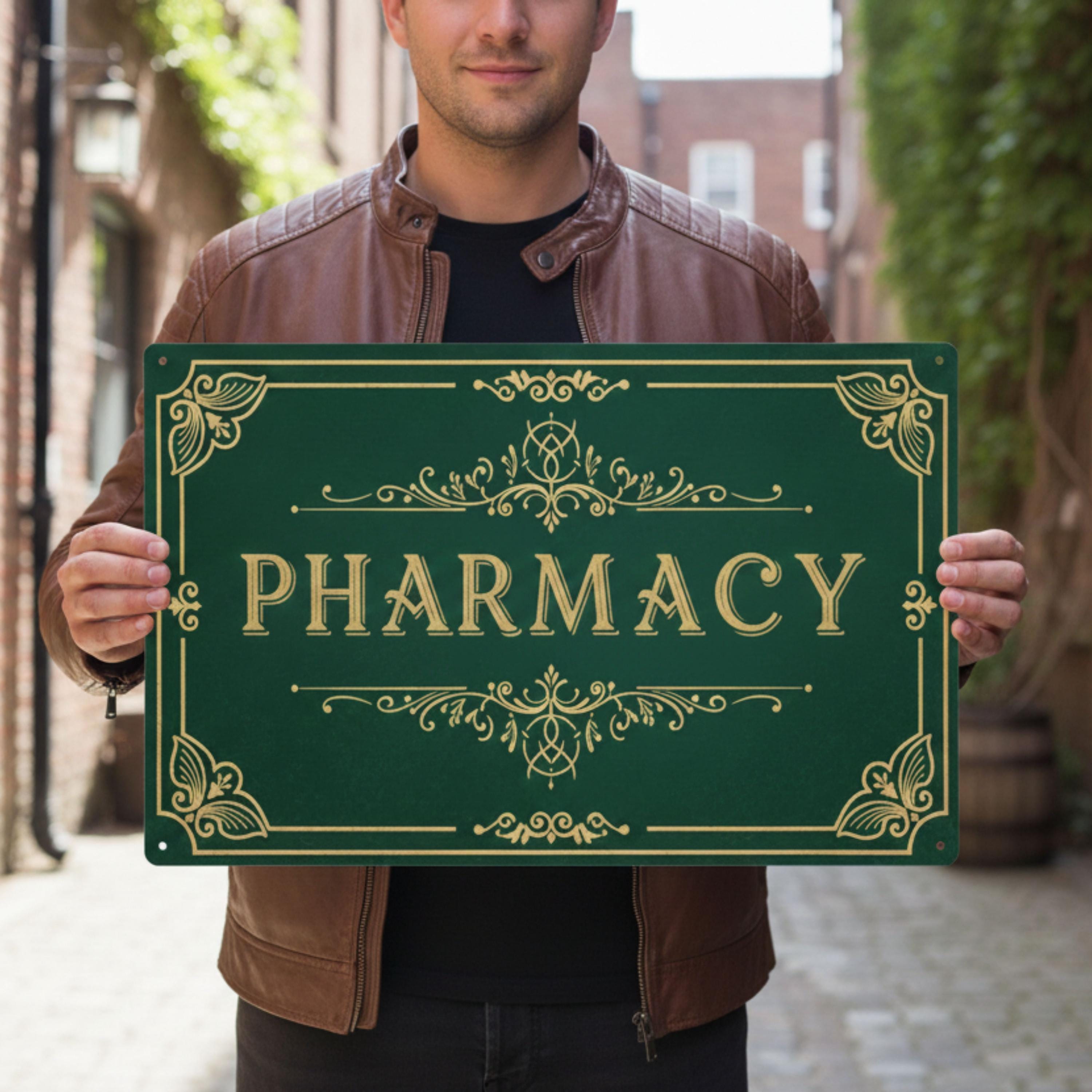 Vintage Pharmacy Metal Sign, Apothecary Wall Art Decor, Elegant Green and Gold Drugstore Plaque
