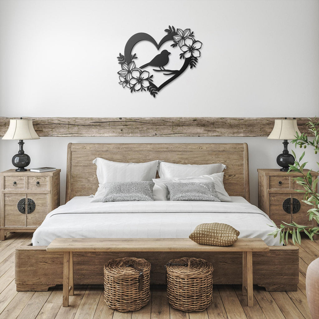 Heart Bird Metal Wall Art with Flowers | Nature Silhouette Home Decor | Love & Memorial Sign | Die-Cut Metal Gift