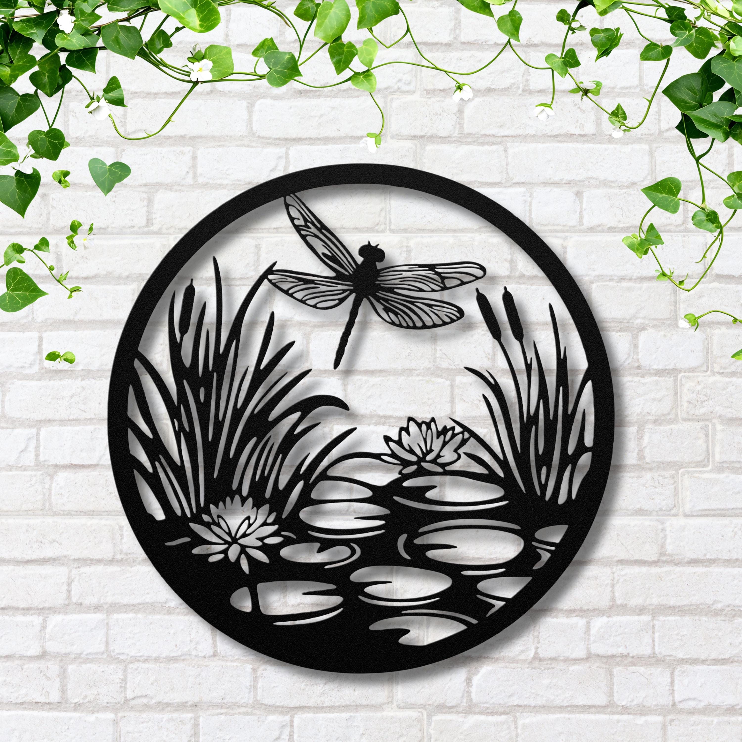 Dragonfly Metal Wall Art, Pond Scene Sign, Lily Pad and Cattail Decor, Nature Inspired Die Cut, Insect Garden Gift