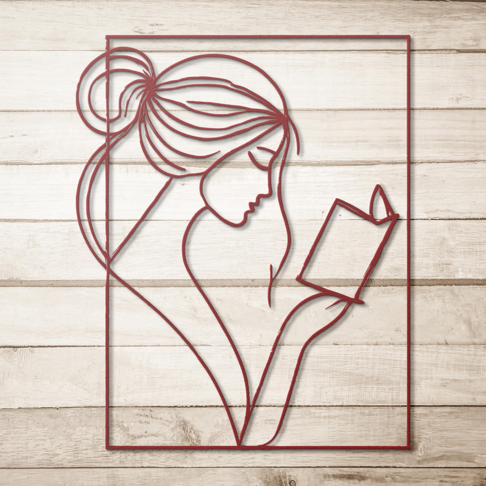 Woman Reading Metal Wall Art, Minimalist Line Art, Librarian Gift