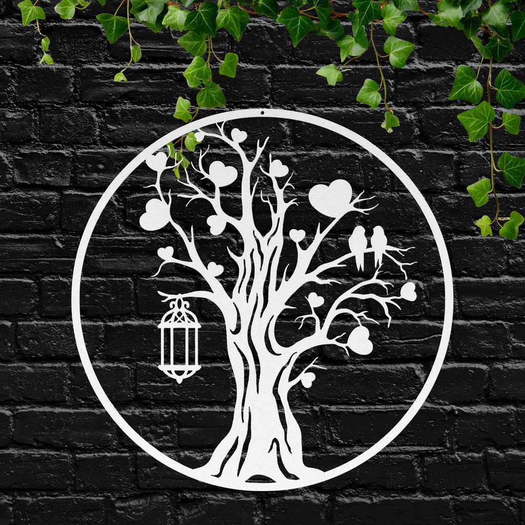 Tree of Life Metal Art – Heart Tree Sign With Love Birds Lantern, Family Sculpture
