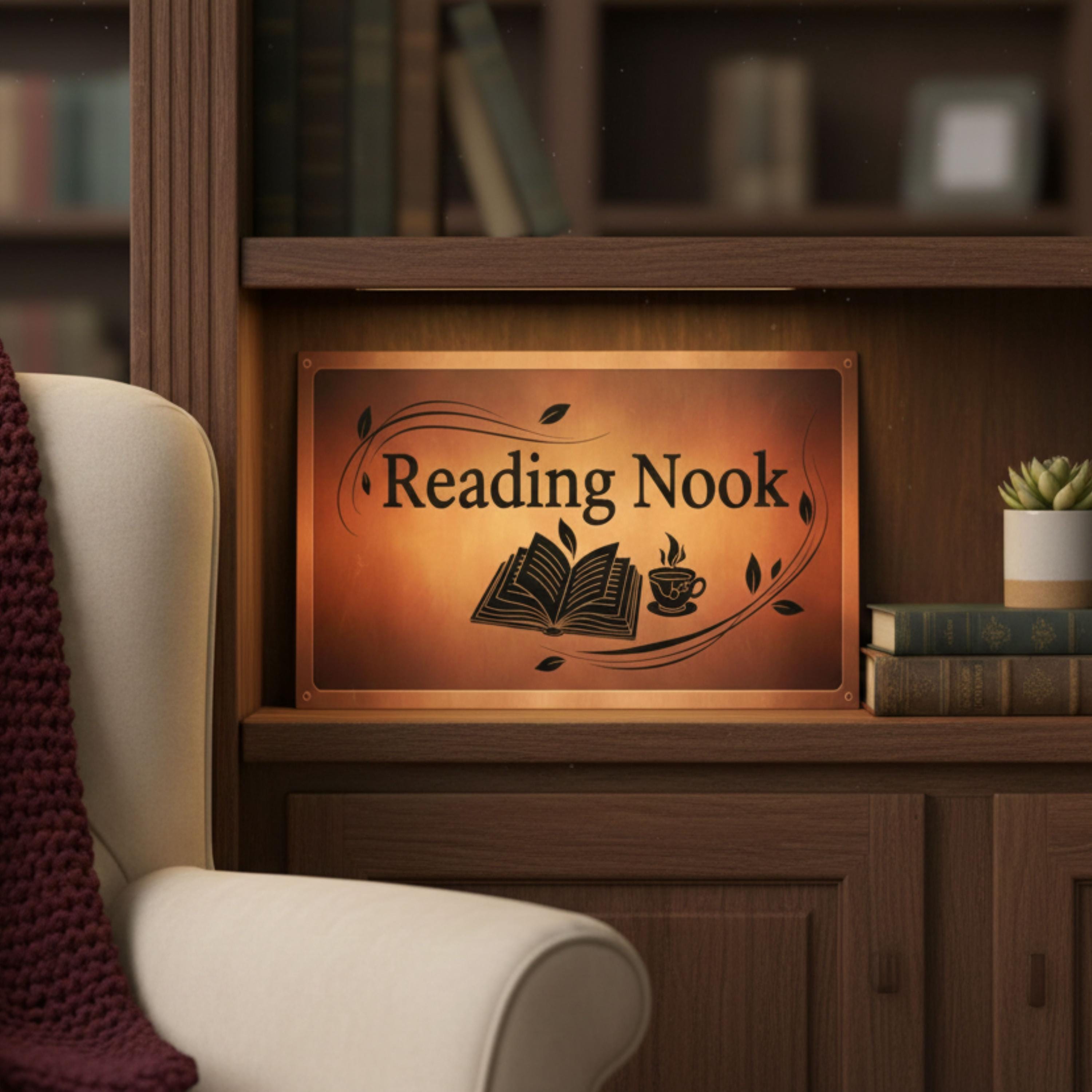 Reading Nook Metal Sign | Cozy Library Decor | Book Lover Gift | Vintage Study Wall Art | Tea Coffee Plaque | Literary Tin Sign