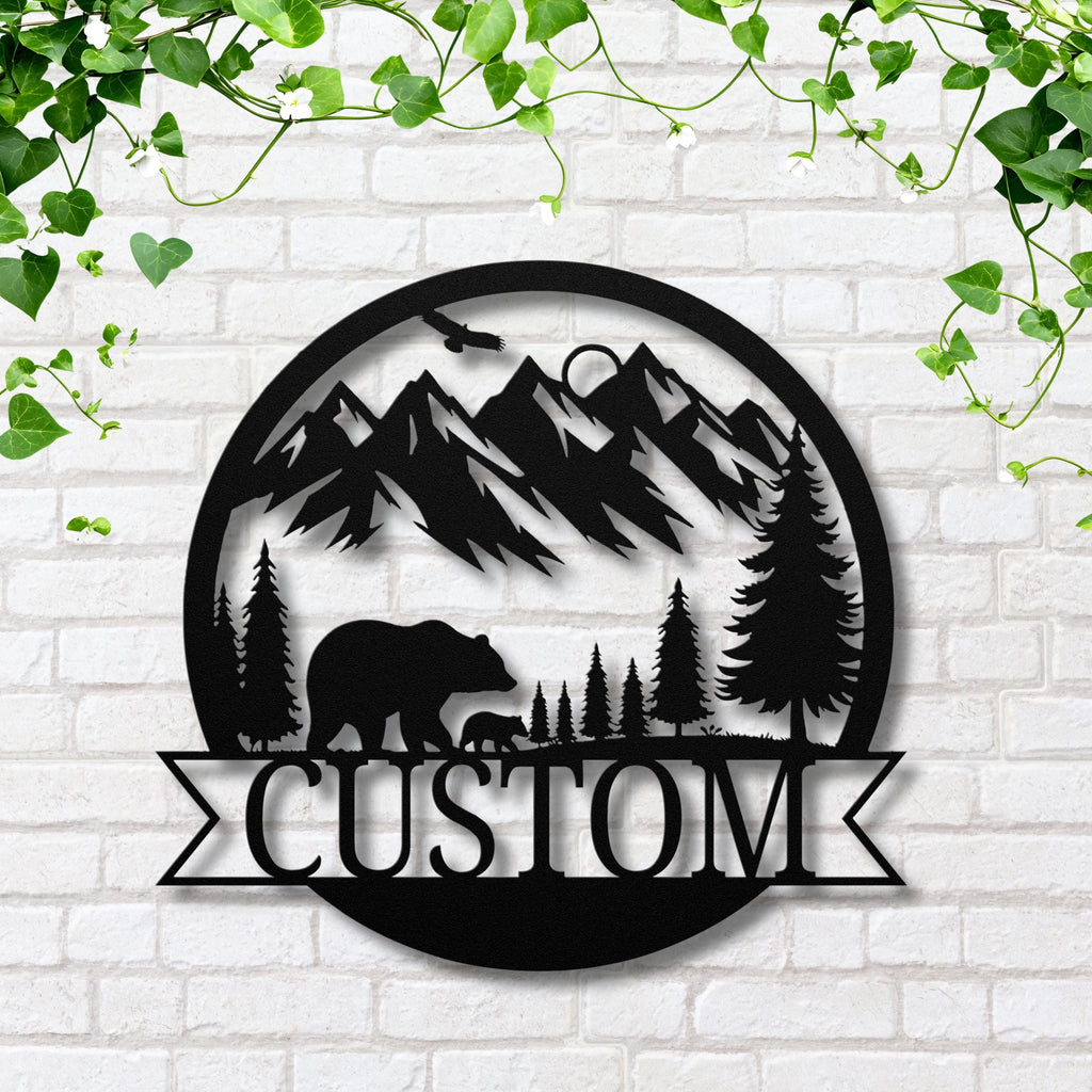 Custom Mountain Bear Sign - Personalized Family Name Metal Cabin Decor