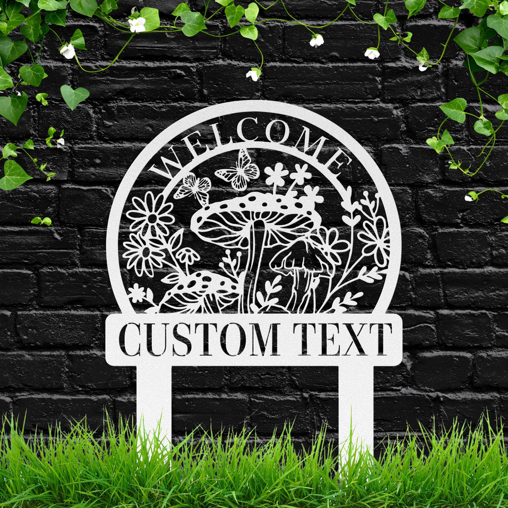 Personalized Welcome Mushroom Metal Sign, Butterfly Garden Stake, Custom Outdoor Gift