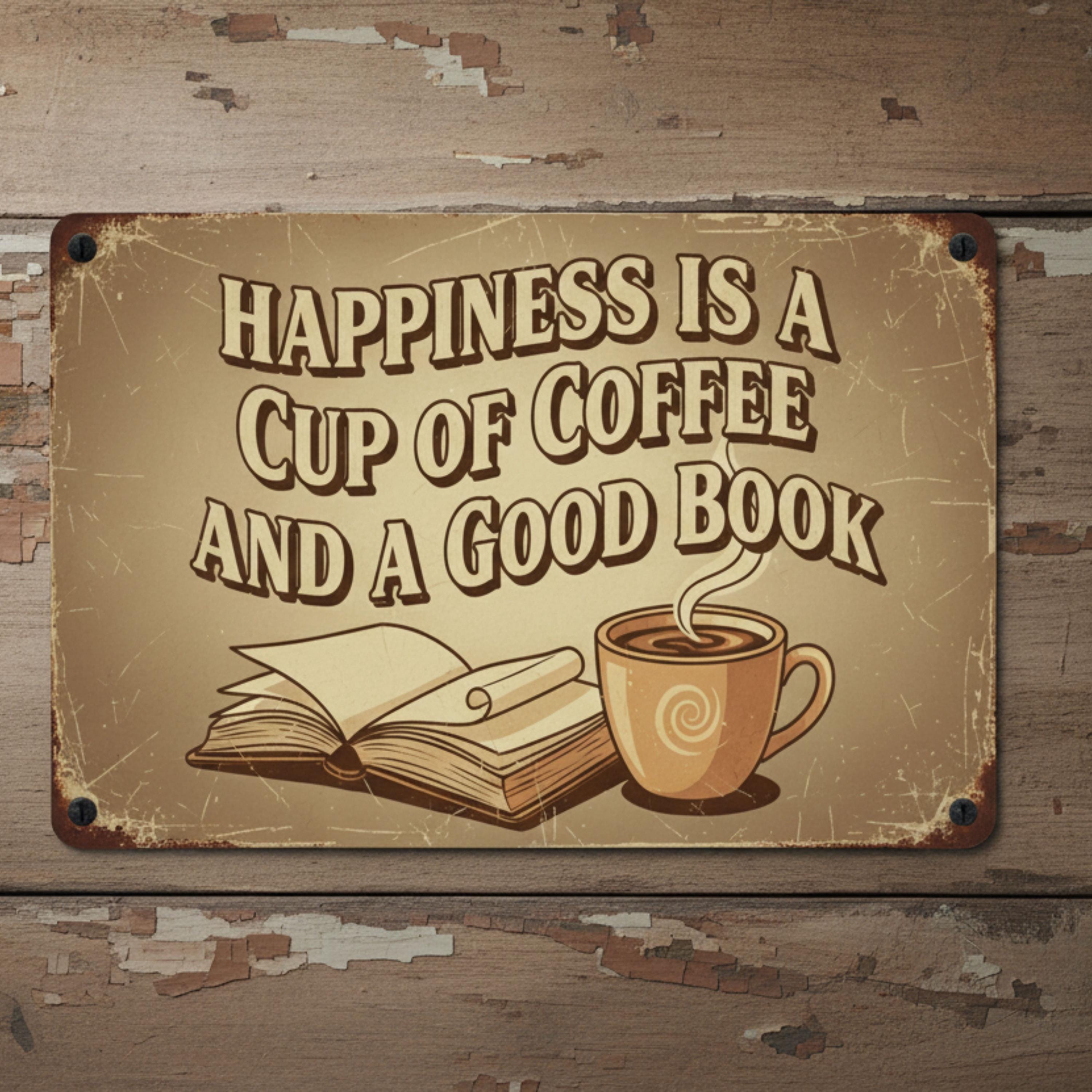 Happiness is Coffee and a Good Book Sign, Rustic Reading Nook Decor, Vintage Metal Plaque, Cozy Library Wall Art, Book Lover Gift Idea