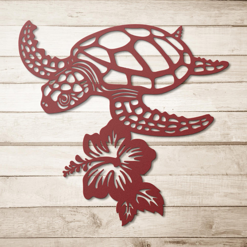 Sea Turtle Metal Wall Art: Hibiscus Flower Coastal Decor