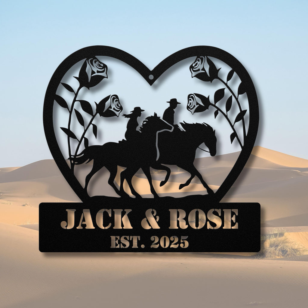 Custom Horse Couple Metal Sign | Personalized Wedding Gift | Heart Roses Equestrian Art | Anniversary Ranch Die-Cut