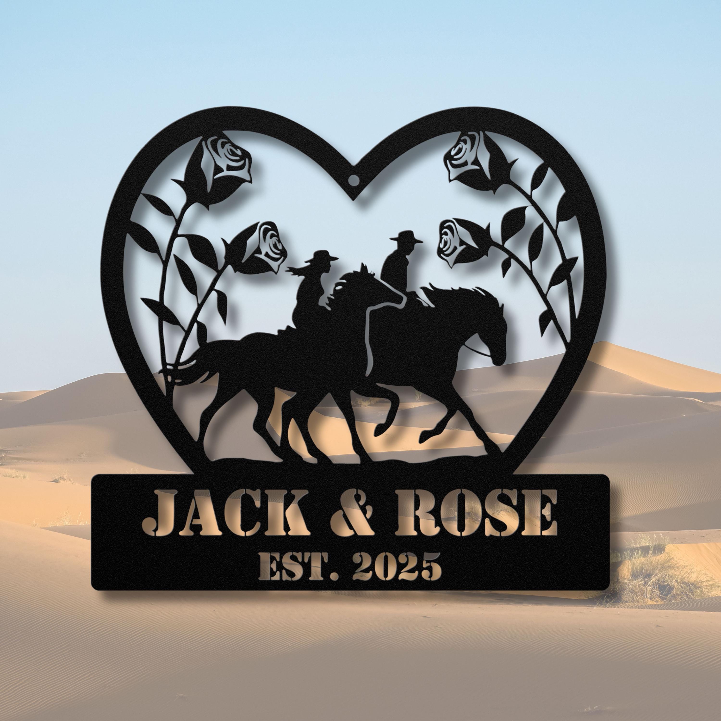 Custom Horse Couple Metal Sign | Personalized Wedding Gift | Heart Roses Equestrian Art | Anniversary Ranch Die-Cut