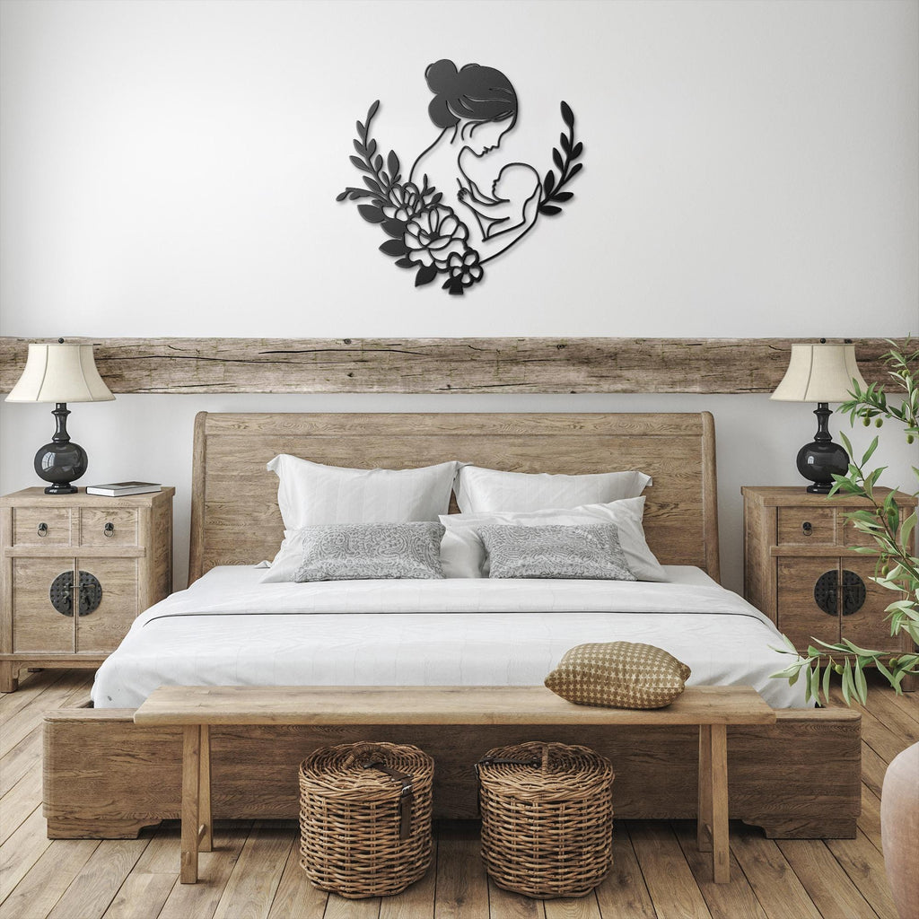 Mother Baby Metal Sign – Floral Die Cut Sign | Minimalist Metal Art Nursery Wall Decor