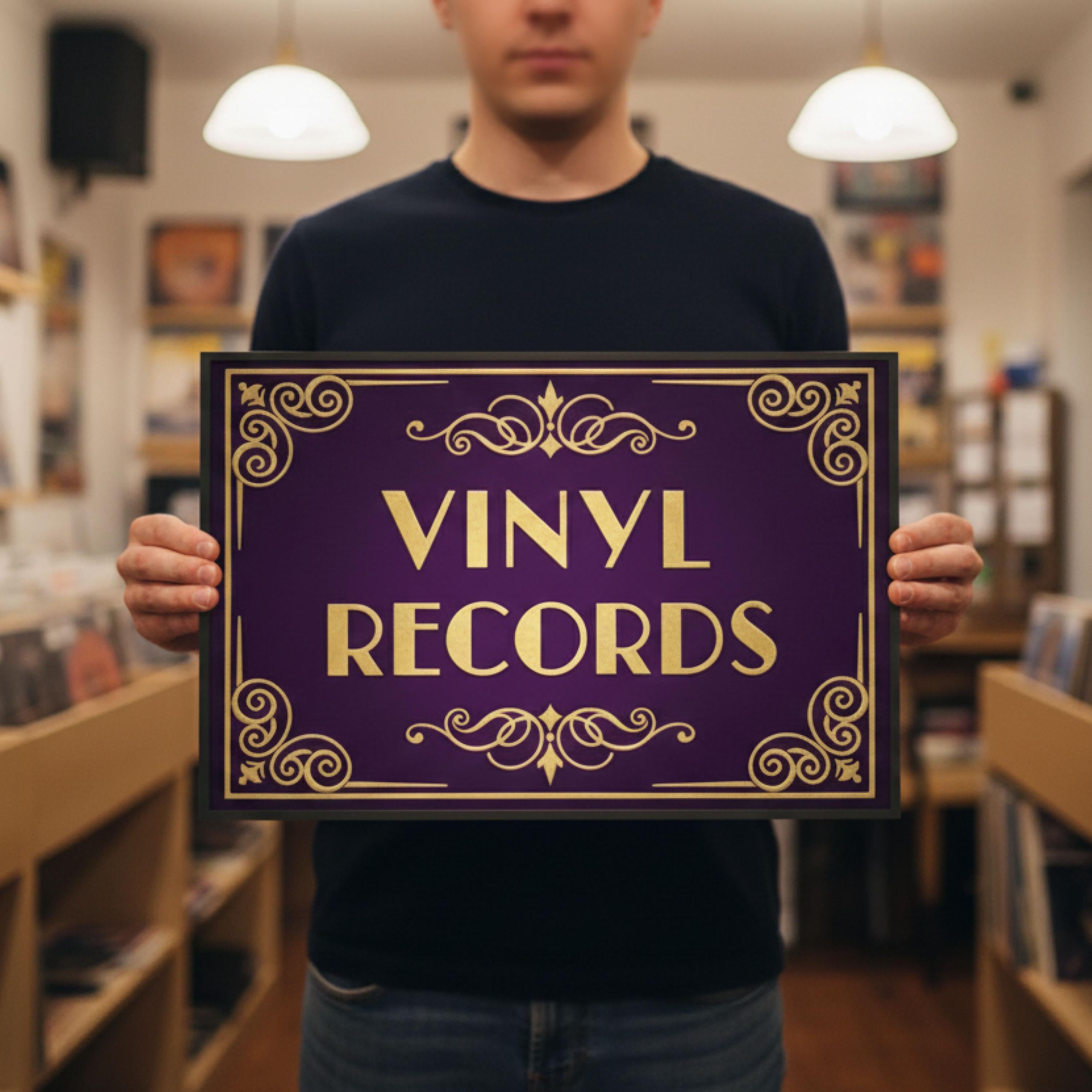Vinyl Records Metal Sign, Vintage Music Store Decor, Retro Record Shop Art, Purple and Gold Plaque, Man Cave Wall Hanging