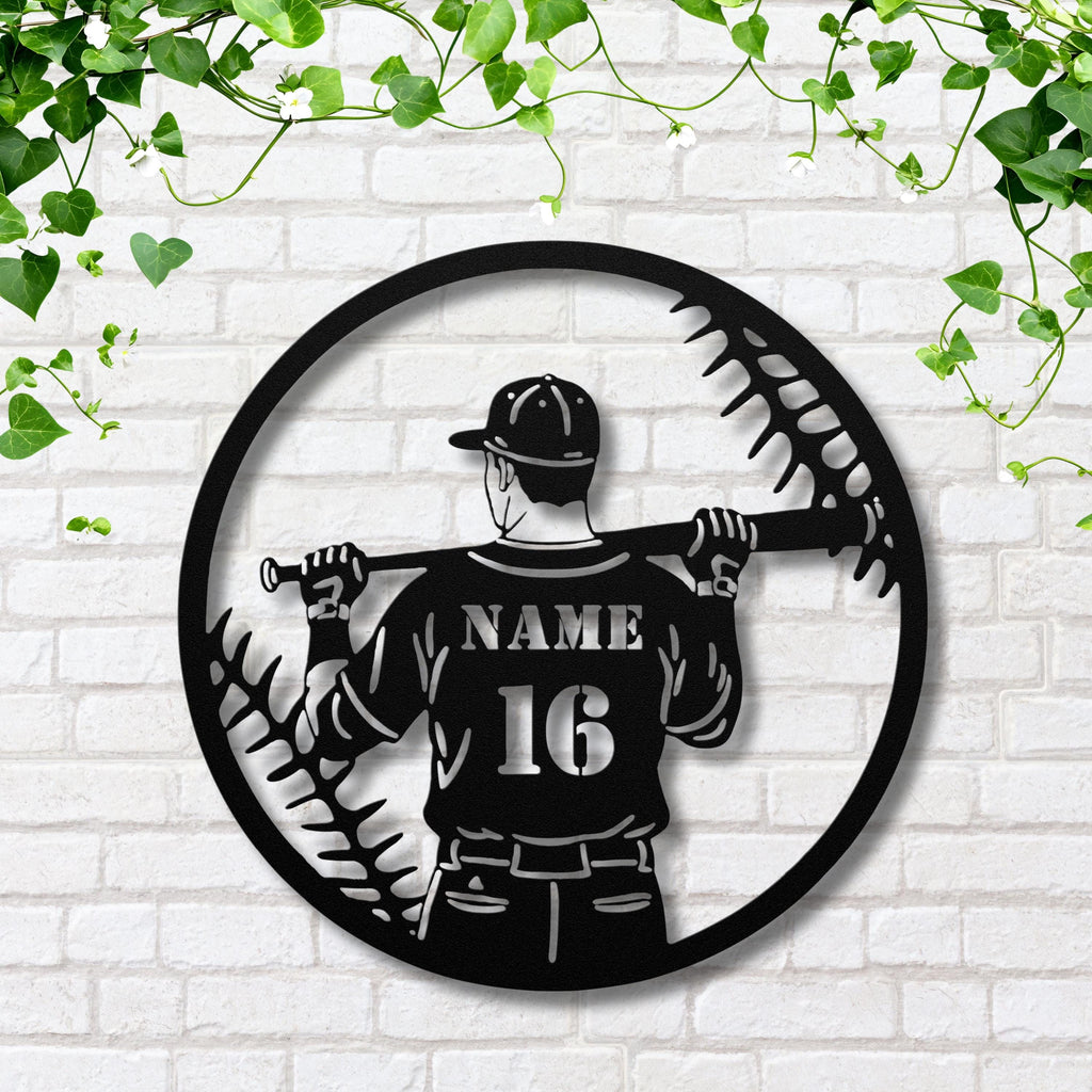Personalized Baseball Sign | Custom Name Number Metal Player Art for Man Cave Decor