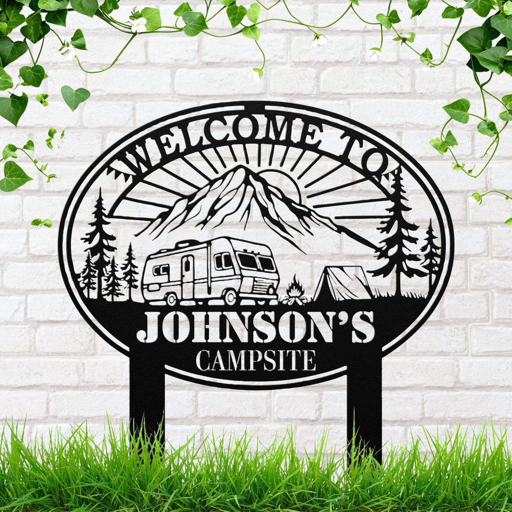 Personalized RV Sign - Custom Camping Gift | Mountain Camping Sign Metal Plaque