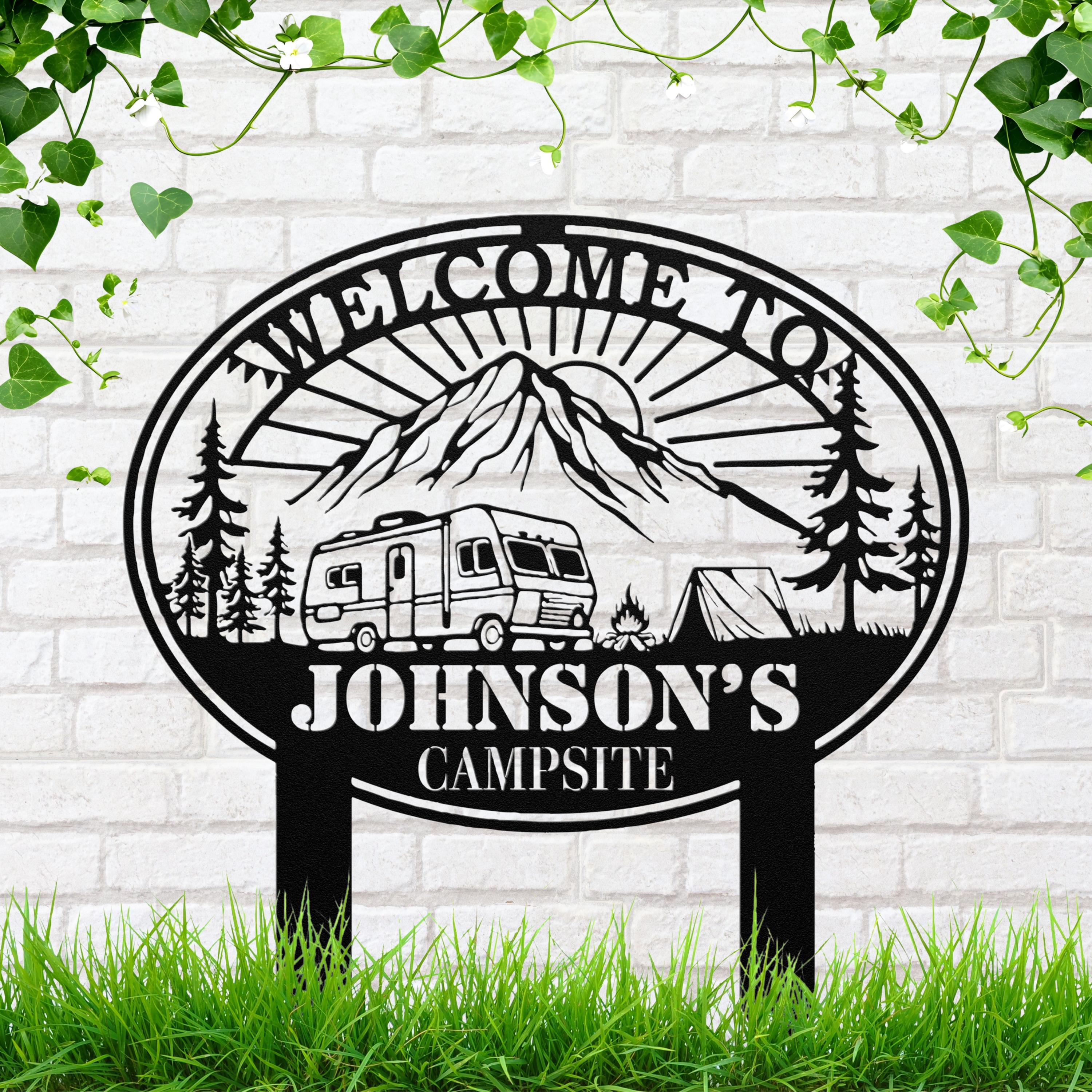Personalized RV Sign - Custom Camping Gift | Mountain Camping Sign Metal Plaque