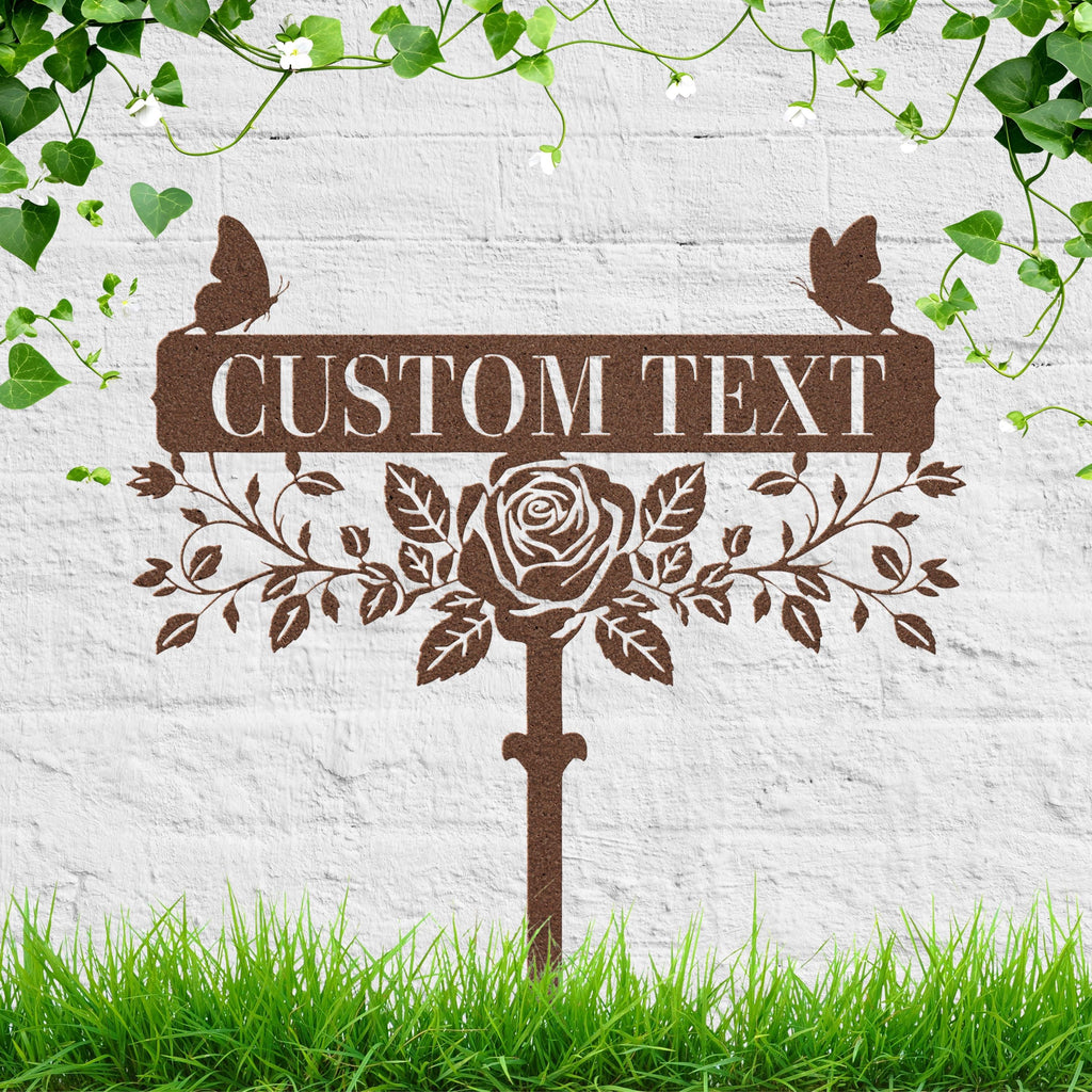 Custom Rose Garden Stake, Personalized Metal Sign, Butterfly Floral Yard Art Plaque