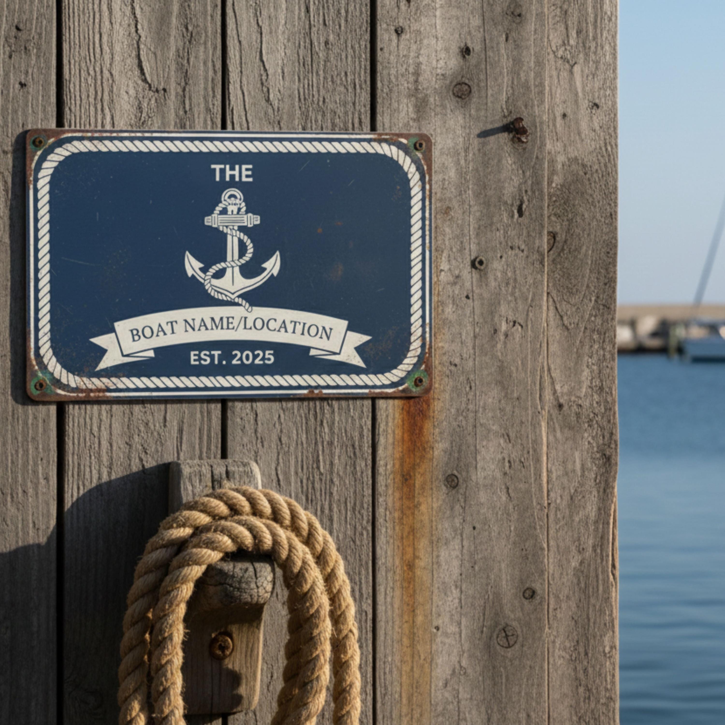 Personalized Boat Name Sign - Nautical Metal Sign With Anchor Rope Design