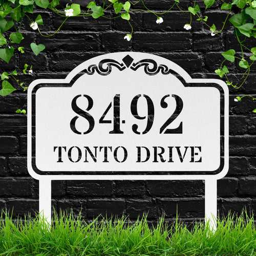 Classic Stenciled Metal Address Sign, Personalized Die-Cut House Number Plaque, Custom Yard Stake, Elegant Home Exterior Decor