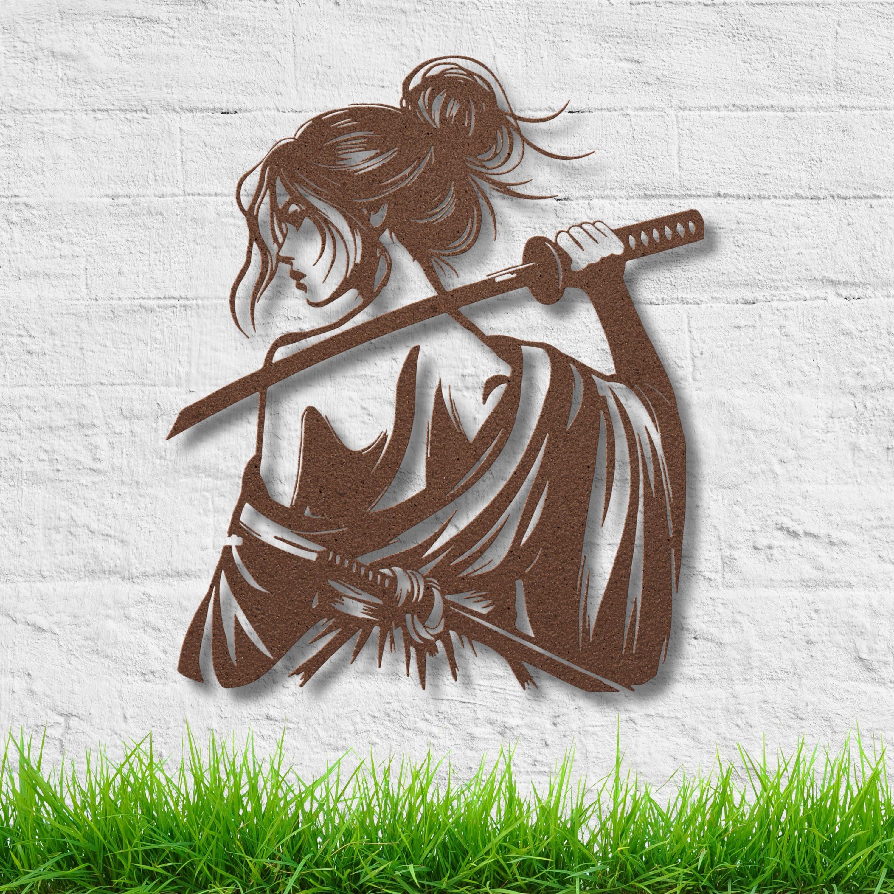Samurai Woman Metal Wall Art, Katana Sword Die Cut Sign