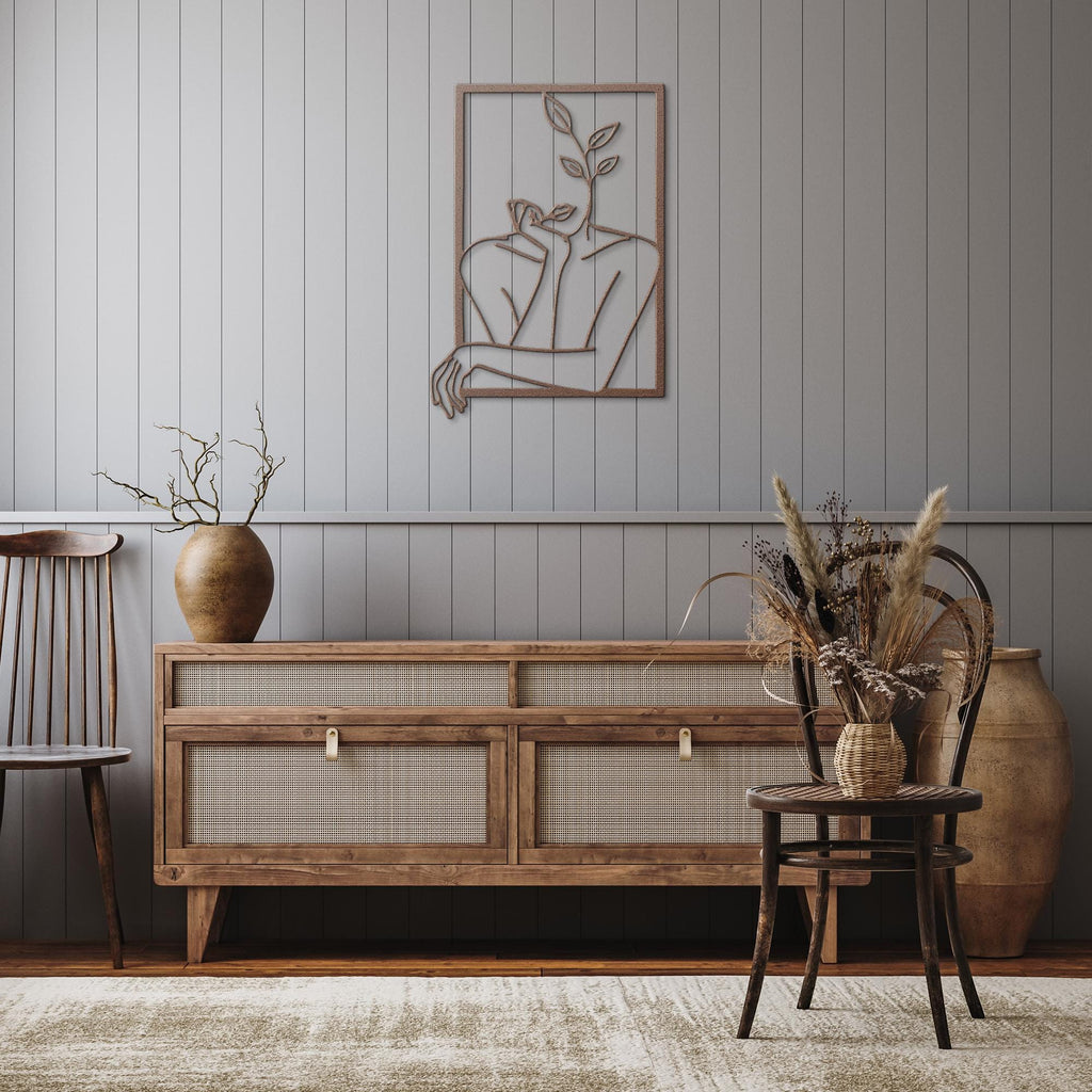 Abstract Woman Face Metal Wall Art, Minimalist Line Drawing, Botanical Plant Decor, Modern Feminine Art, Above Bed Art Gift