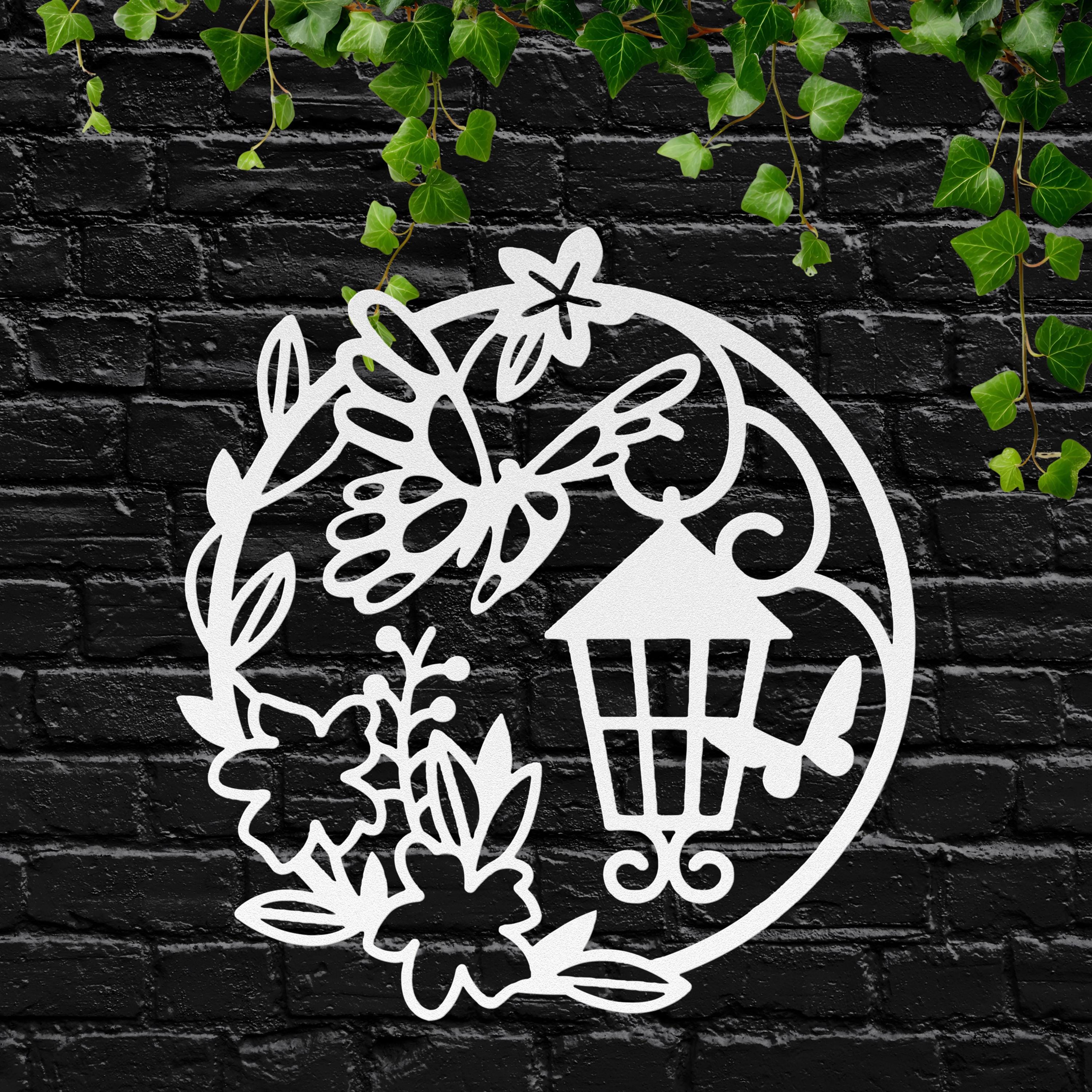 Lantern Butterfly Flower Metal Wall Art, Die-Cut Night Garden Sign, Black Circular Decor, Cottage Core Aesthetic Gift