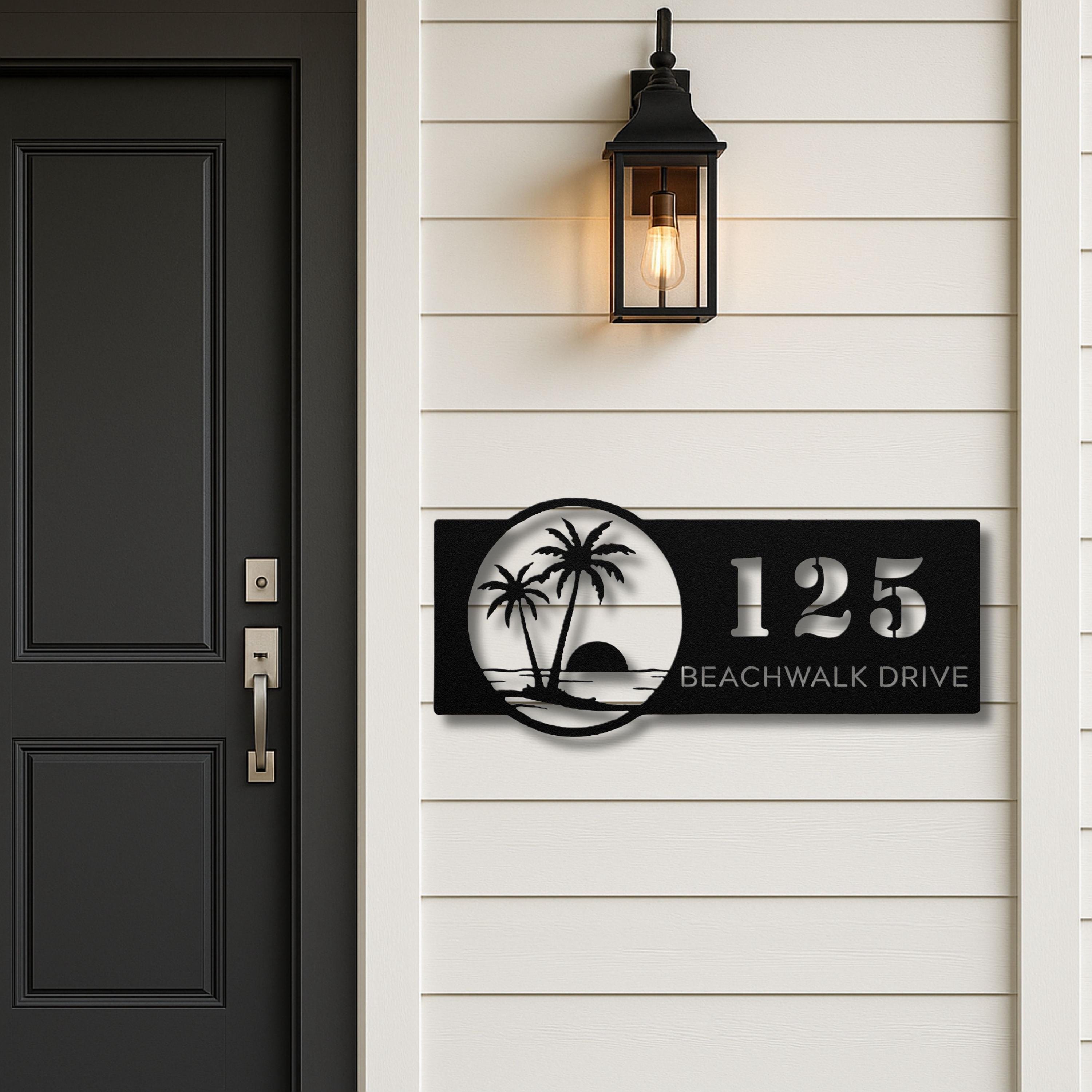Personalized Palm Tree Address Metal Sign | Custom Number and Street Tropical Home Decor | Die-Cut Beach Gift