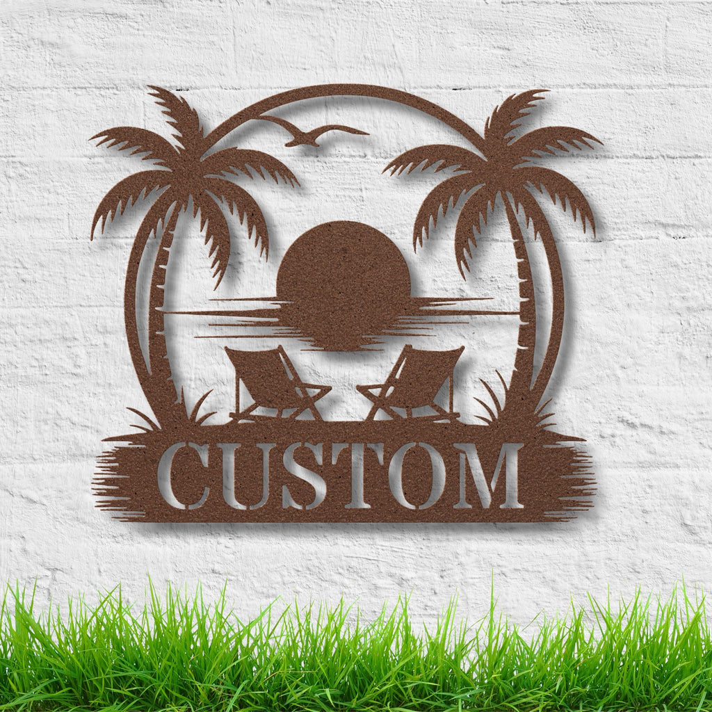 Personalized Beach House Sign - Custom Metal Plaque | Tropical Sunset Decor