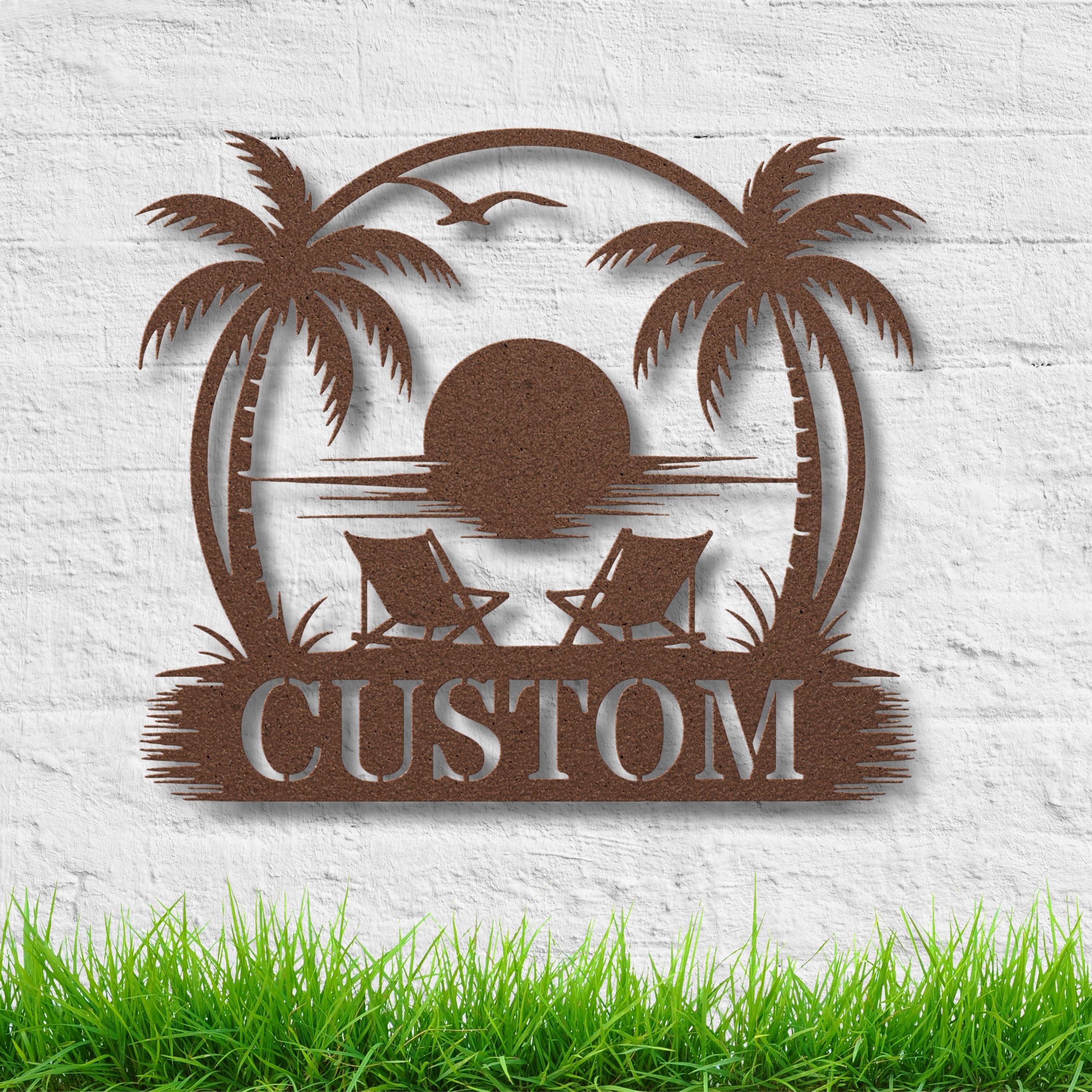 Personalized Beach House Sign - Custom Metal Plaque | Tropical Sunset Decor