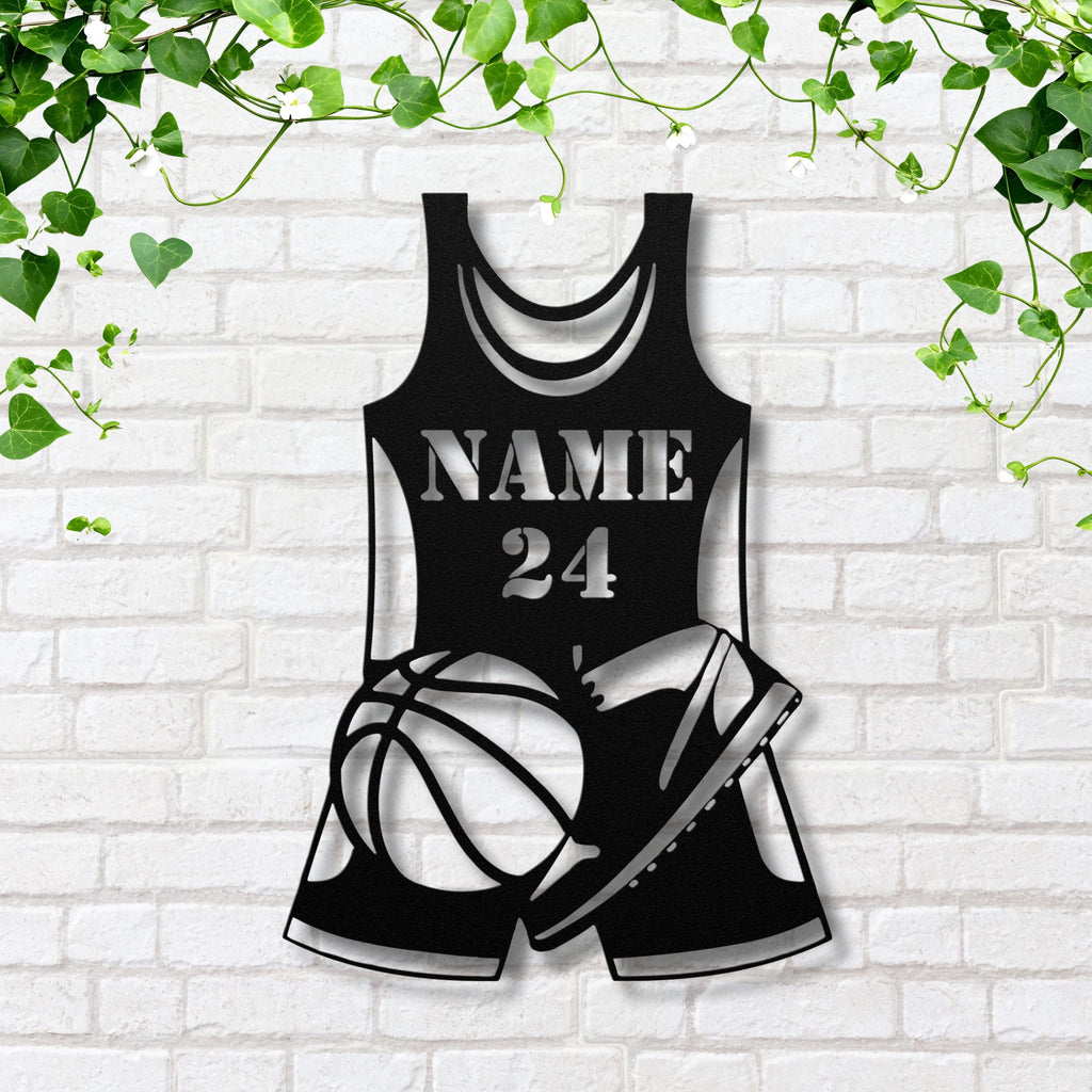 Personalized Basketball Jersey Metal Art, Custom Name Number Die-Cut Sign, Ball Shoe Decor, Athlete Team Gift, Sports Fan Wall Art