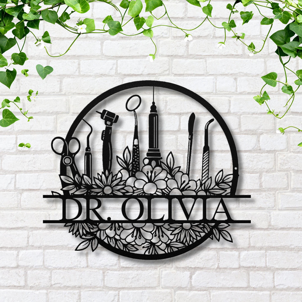 Personalized Dentist Metal Sign, Floral Dental Office Decor
