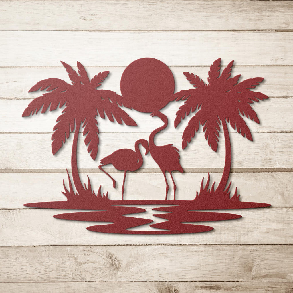 Flamingo Tropical Metal Wall Art, Palm Tree Beach Sign, Summer Island Home Decor