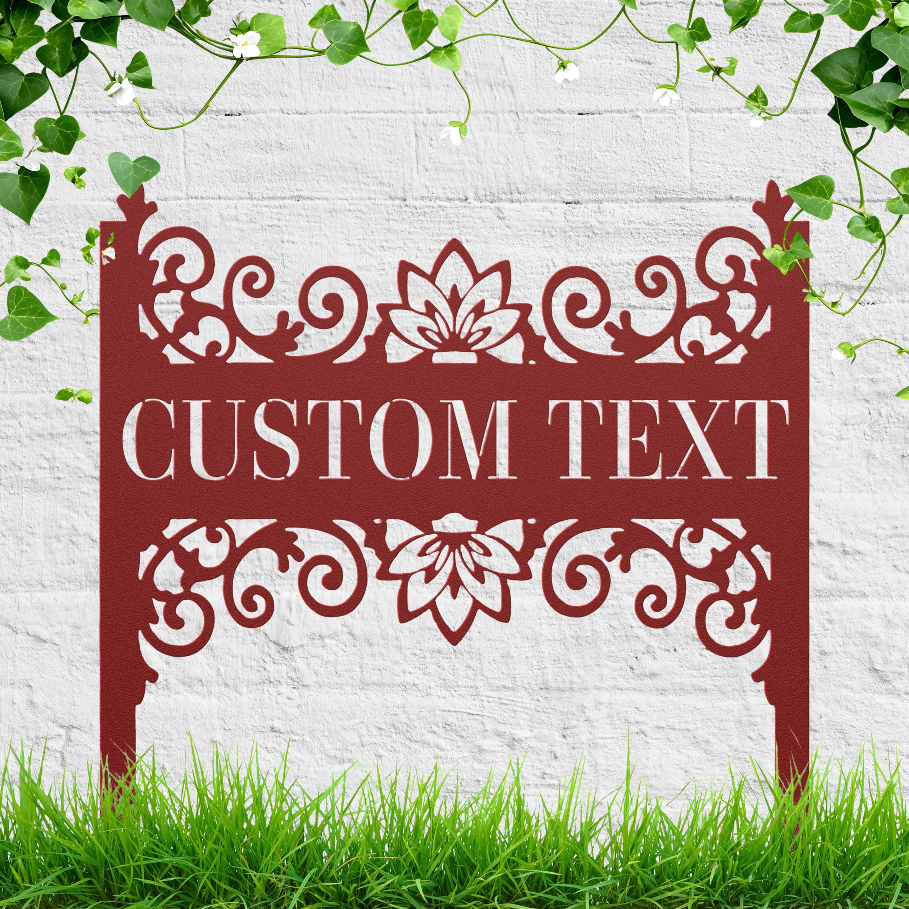 Elegant Scrollwork Metal Garden Stake, Personalized Die-Cut Floral Custom Text Sign, Decorative Plant Marker, Monogram Gift