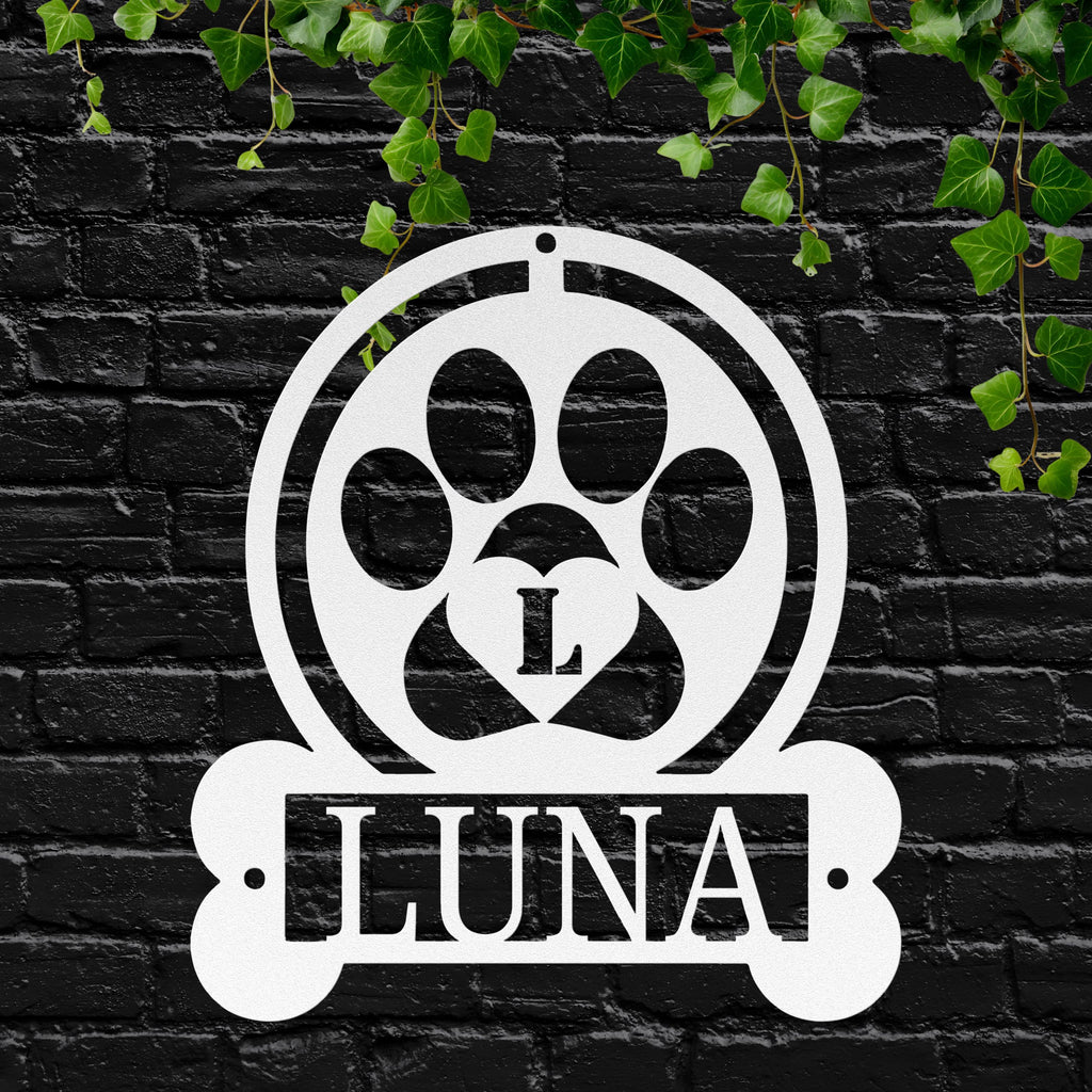 Personalized Dog Sign – Custom Pet Name Paw Print Metal Wall Art Gift