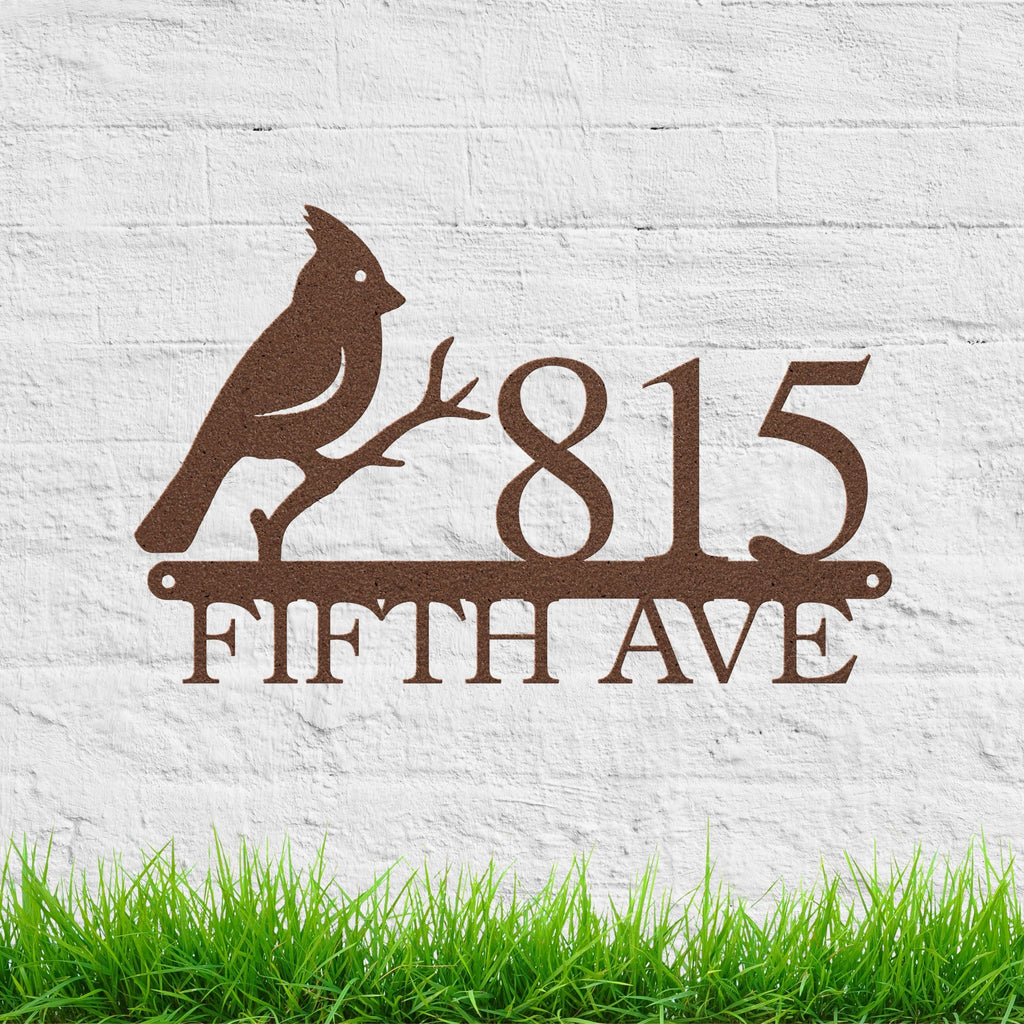 Custom Cardinal Bird House Number Sign, Metal Address Plaque