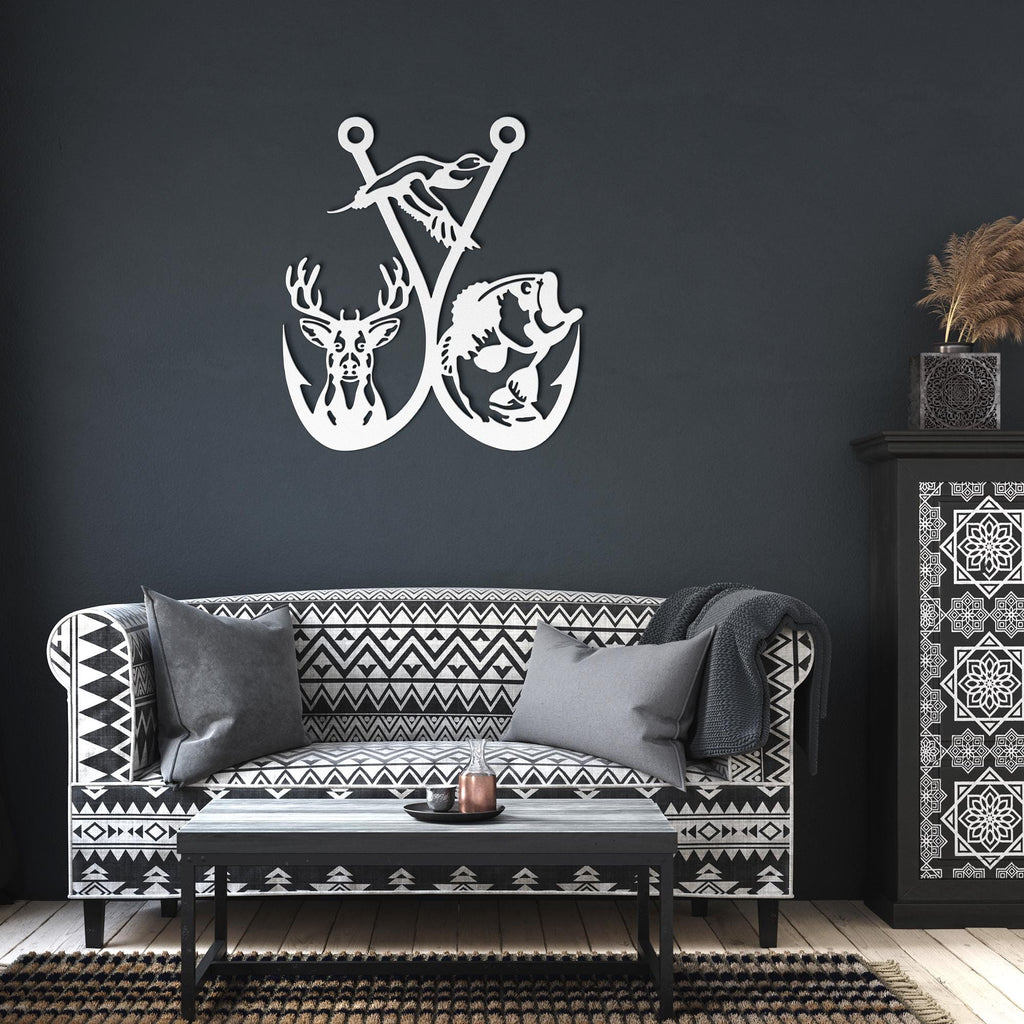 Hunting and Fishing Metal Sign, Deer Duck Bass Hook Wall Art, Outdoorsman Gift Decor