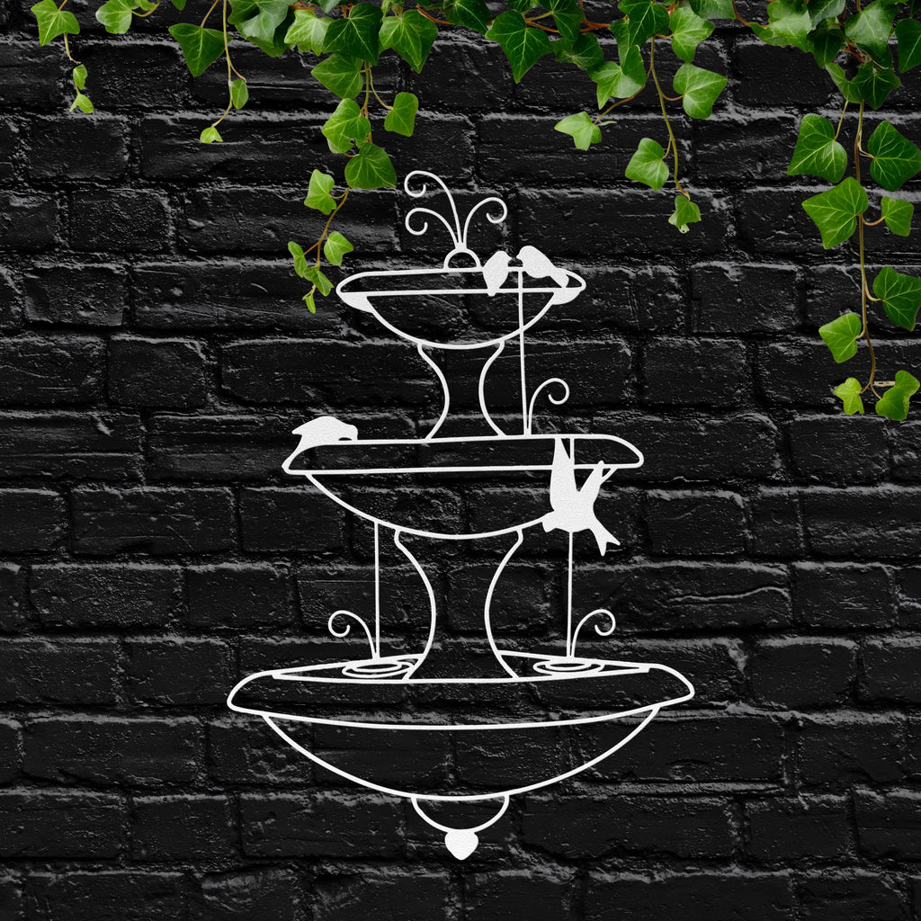 Tiered Fountain Metal Wall Art, Garden Bird Bath Decor, Elegant Nature Silhouette Sign