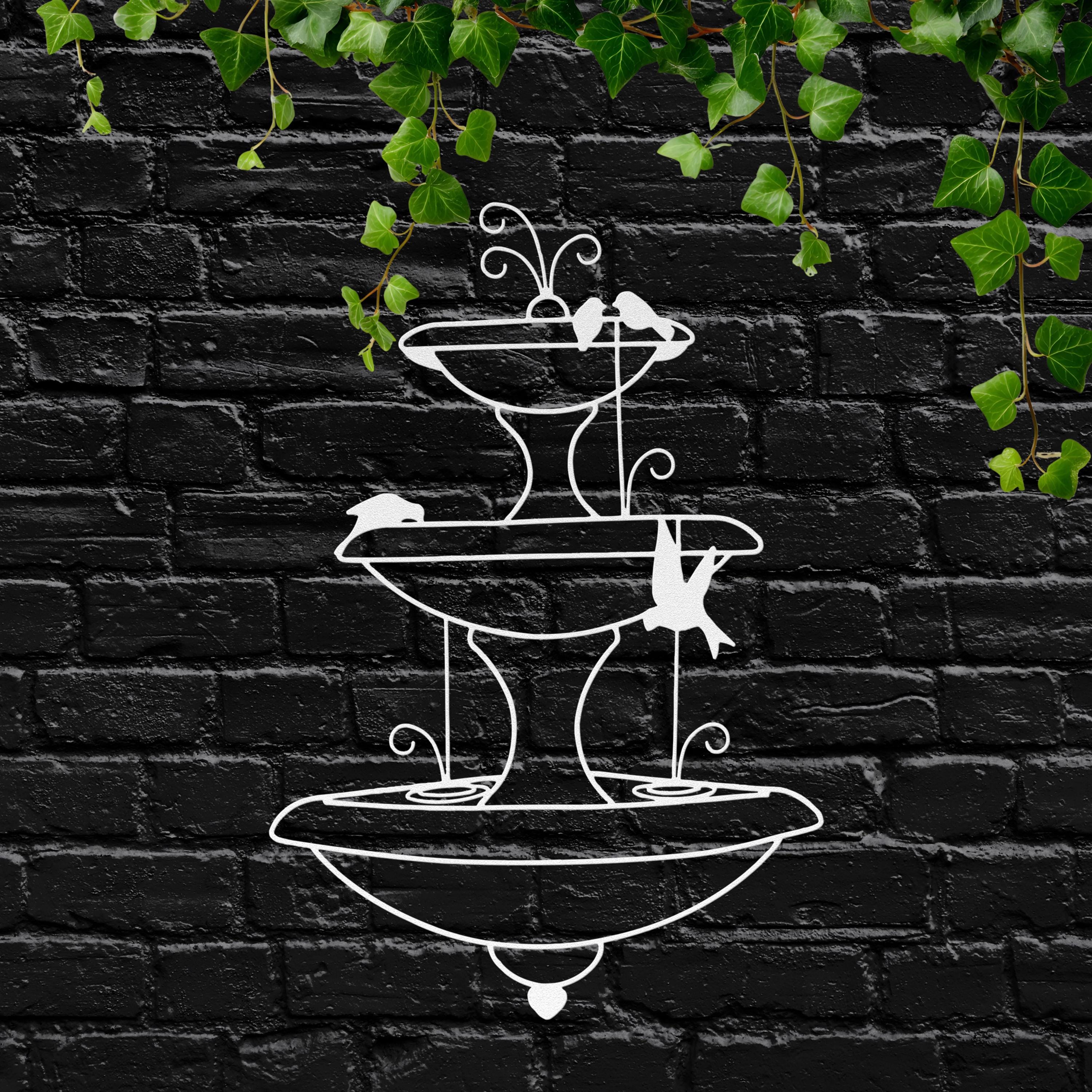 Tiered Fountain Metal Wall Art, Garden Bird Bath Decor, Elegant Nature Silhouette Sign