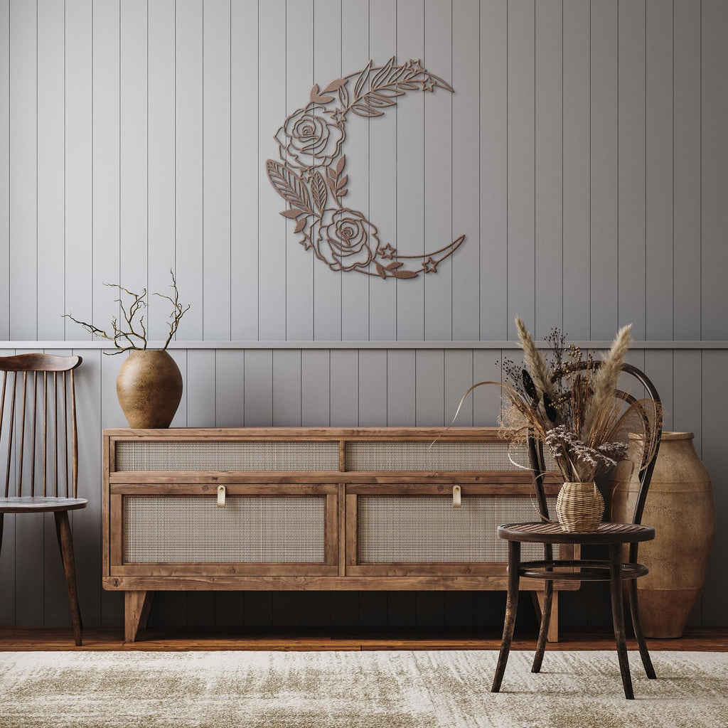 Floral Crescent Moon Metal Wall Art | Rose and Stars Witchy Decor | Boho Nursery Bedroom Sign