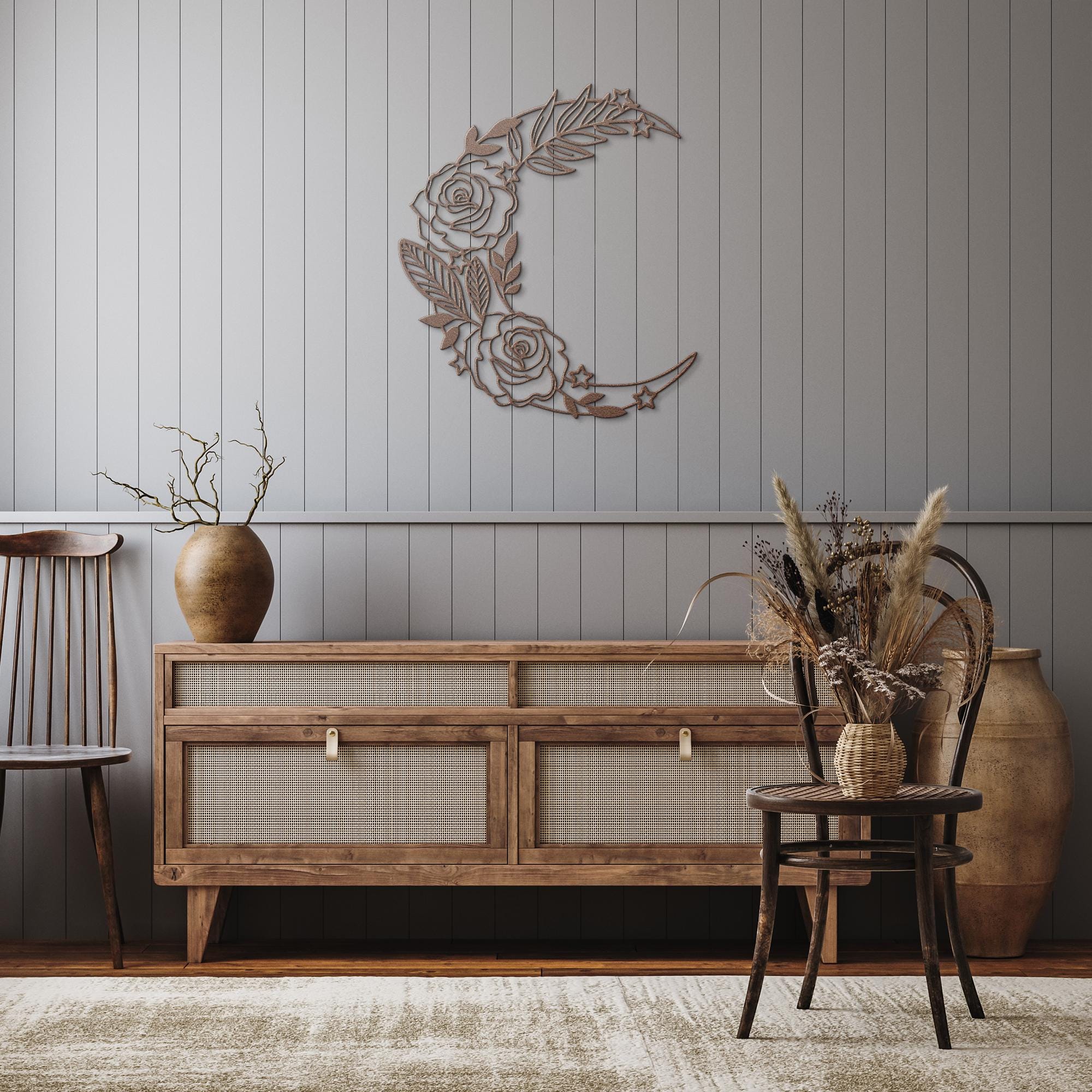 Floral Crescent Moon Metal Wall Art | Rose and Stars Witchy Decor | Boho Nursery Bedroom Sign