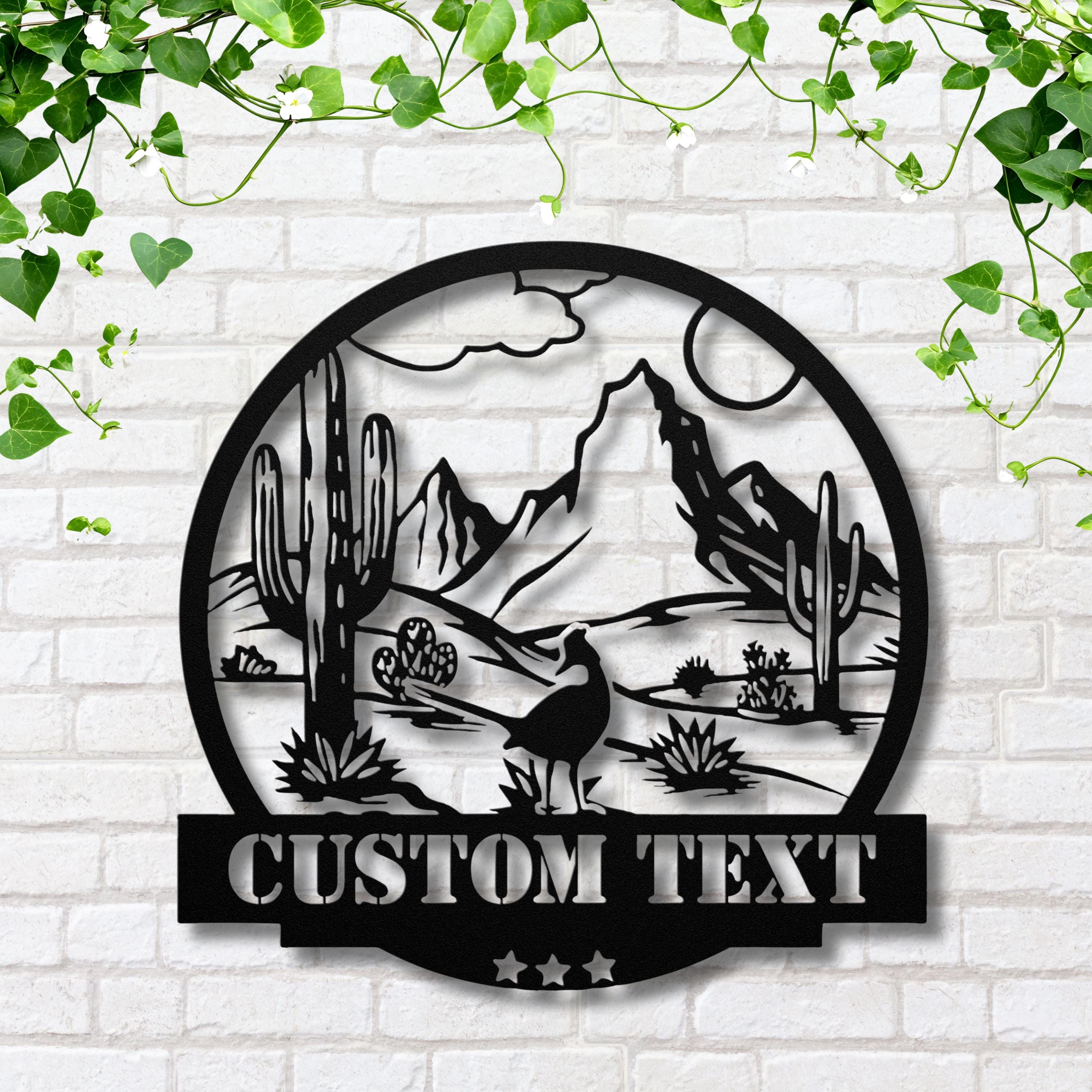 Custom Desert Metal Sign | Personalized Cactus Art | Landscape Home Decor | Southwestern Scene Die-Cut | Mountain Roadrunner Gift