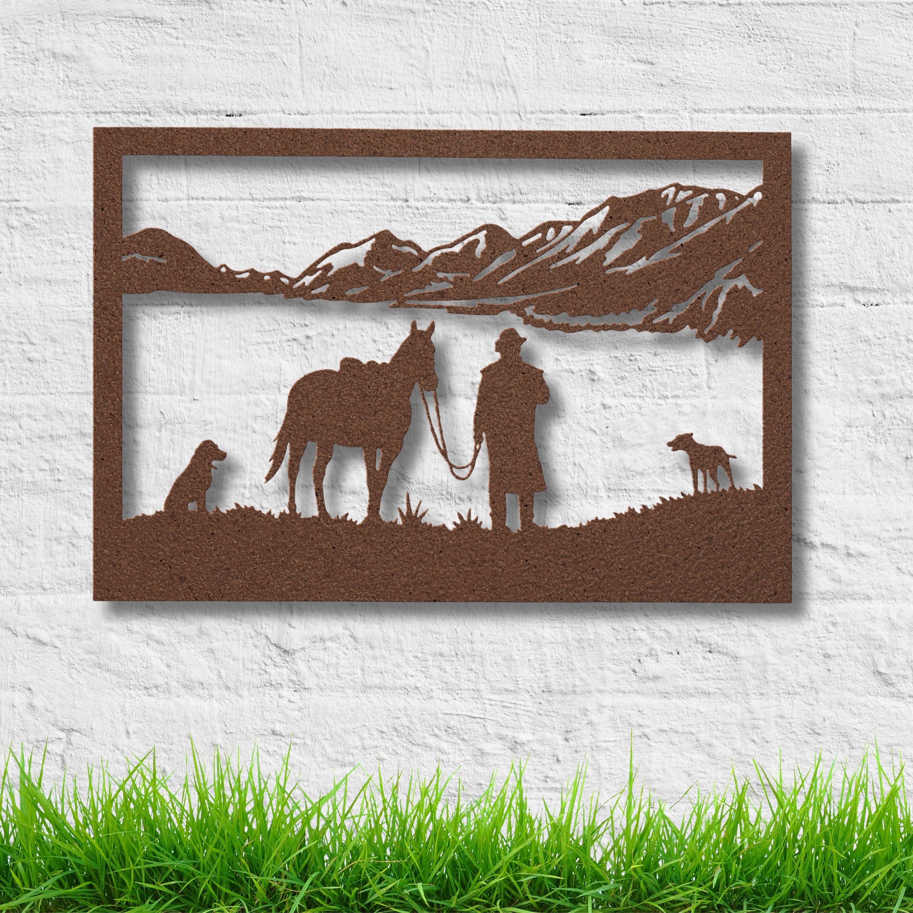 Cowboy Horse Dogs Metal Wall Art | Ranch & Lake Silhouette | Western Landscape Sign | Rustic Cabin Decor | Outdoor Gift