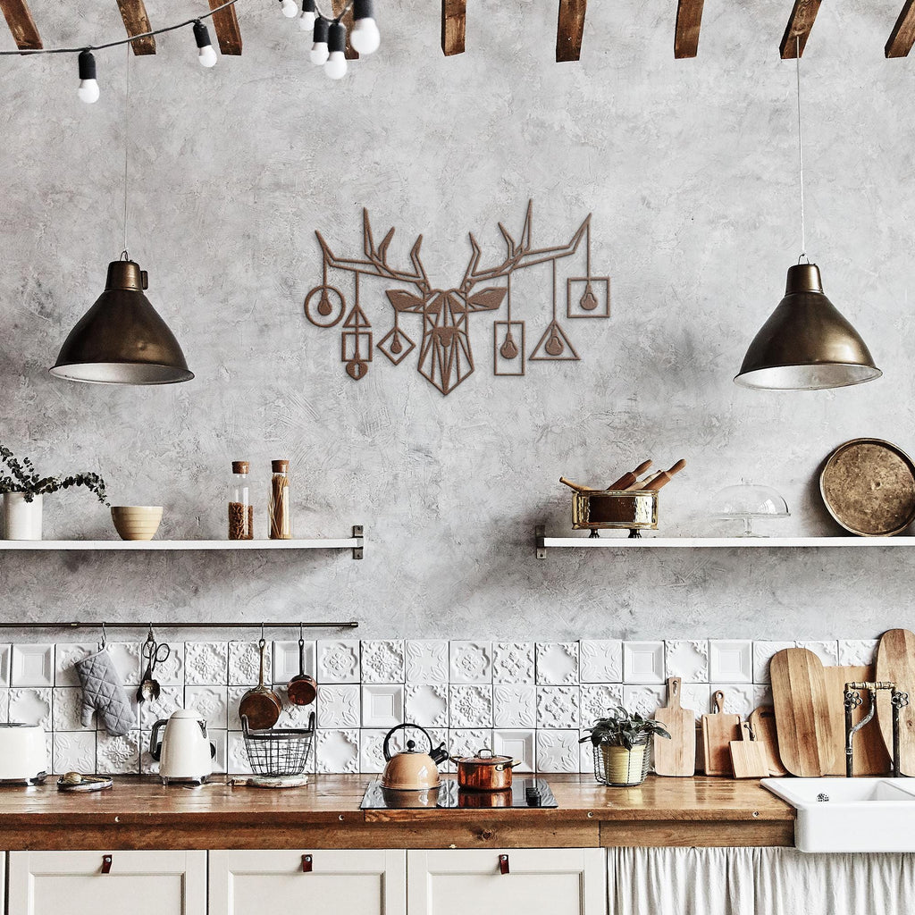 Geometric Stag Metal Wall Art, Deer Head with Bulbs, Modern Industrial Sign, Antler Art