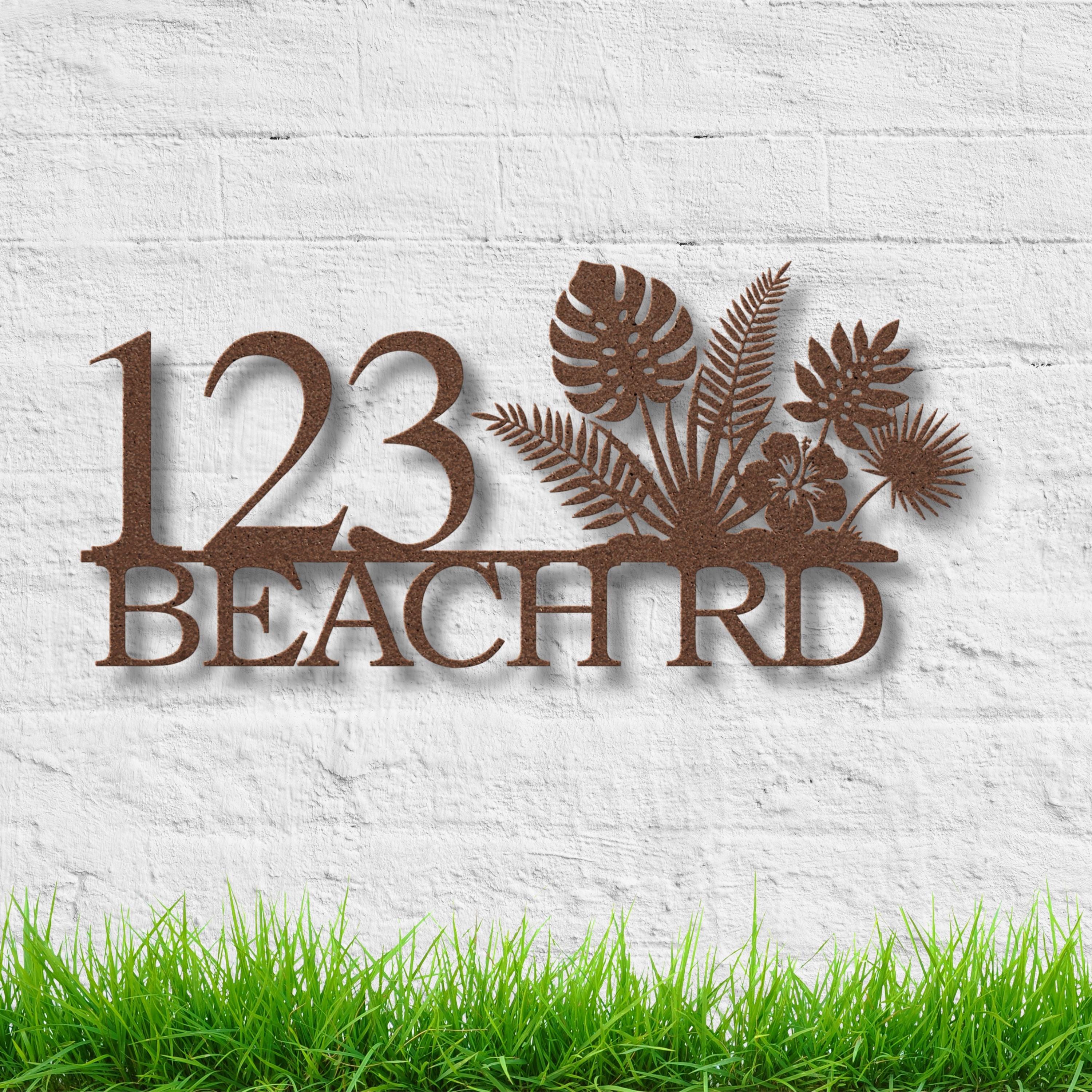 Personalized Beach House Number Sign, Tropical Metal Address Plaque, Palm Leaf Hibiscus Decor, Coastal Home Gift