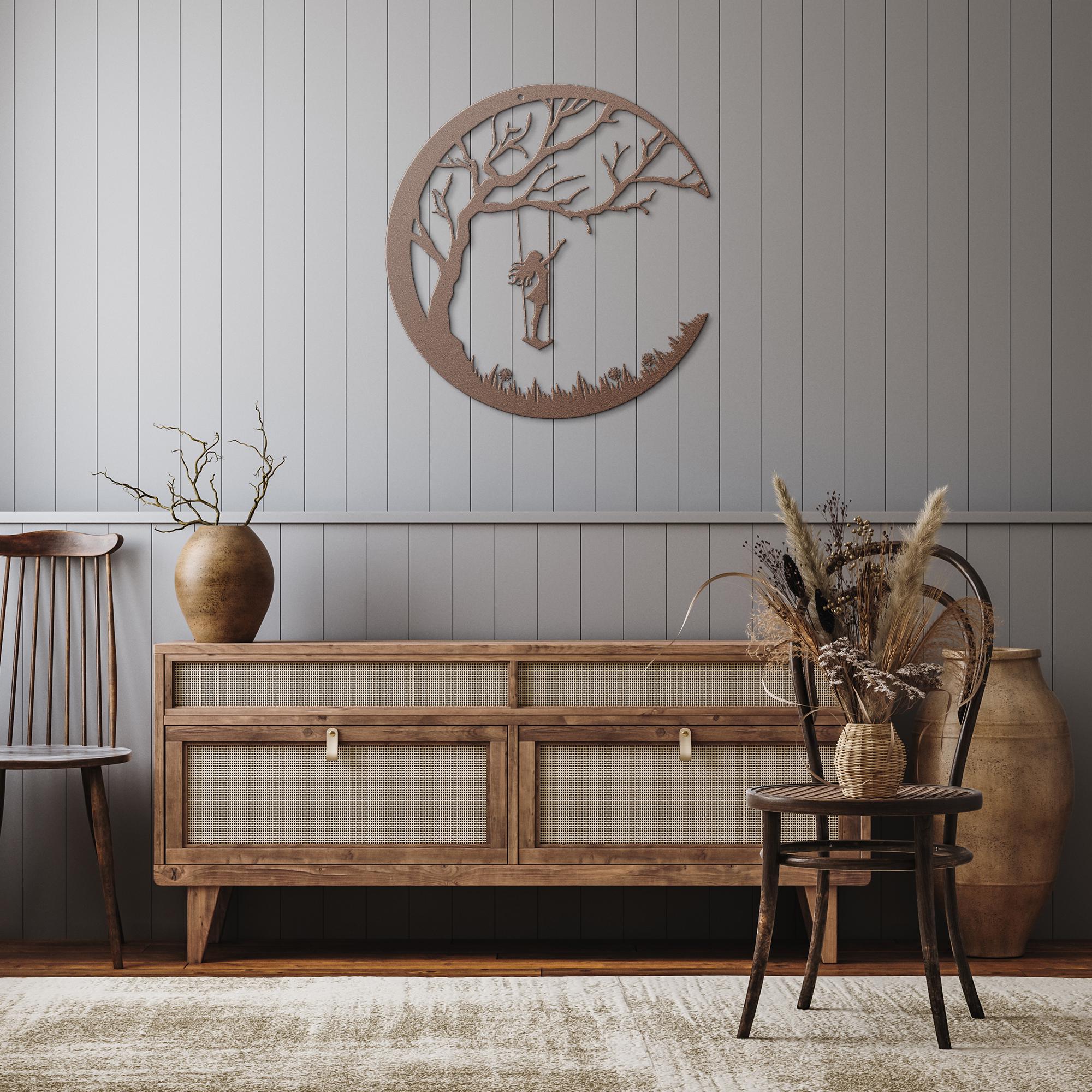 Girl on Swing Metal Wall Art, Crescent Moon Silhouette, Kids Room Decor